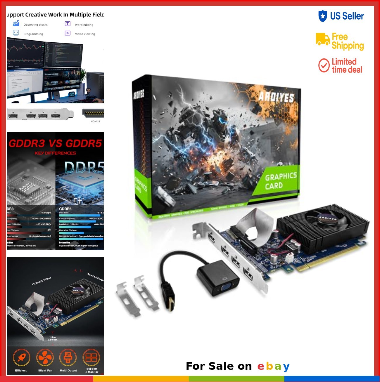 4GB GDDR5 Low Profile Graphics Card 4x HDMI PCIe 3.0 x16 Silent Cooling Quad