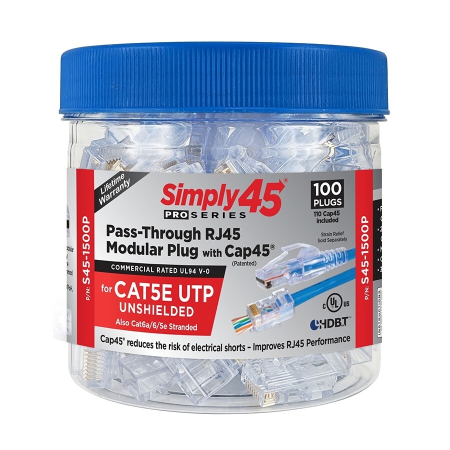 Simply45 ProSeries Cat5e Unshielded PassThrough RJ45 Modular Plugs/Cap45 - 100PK