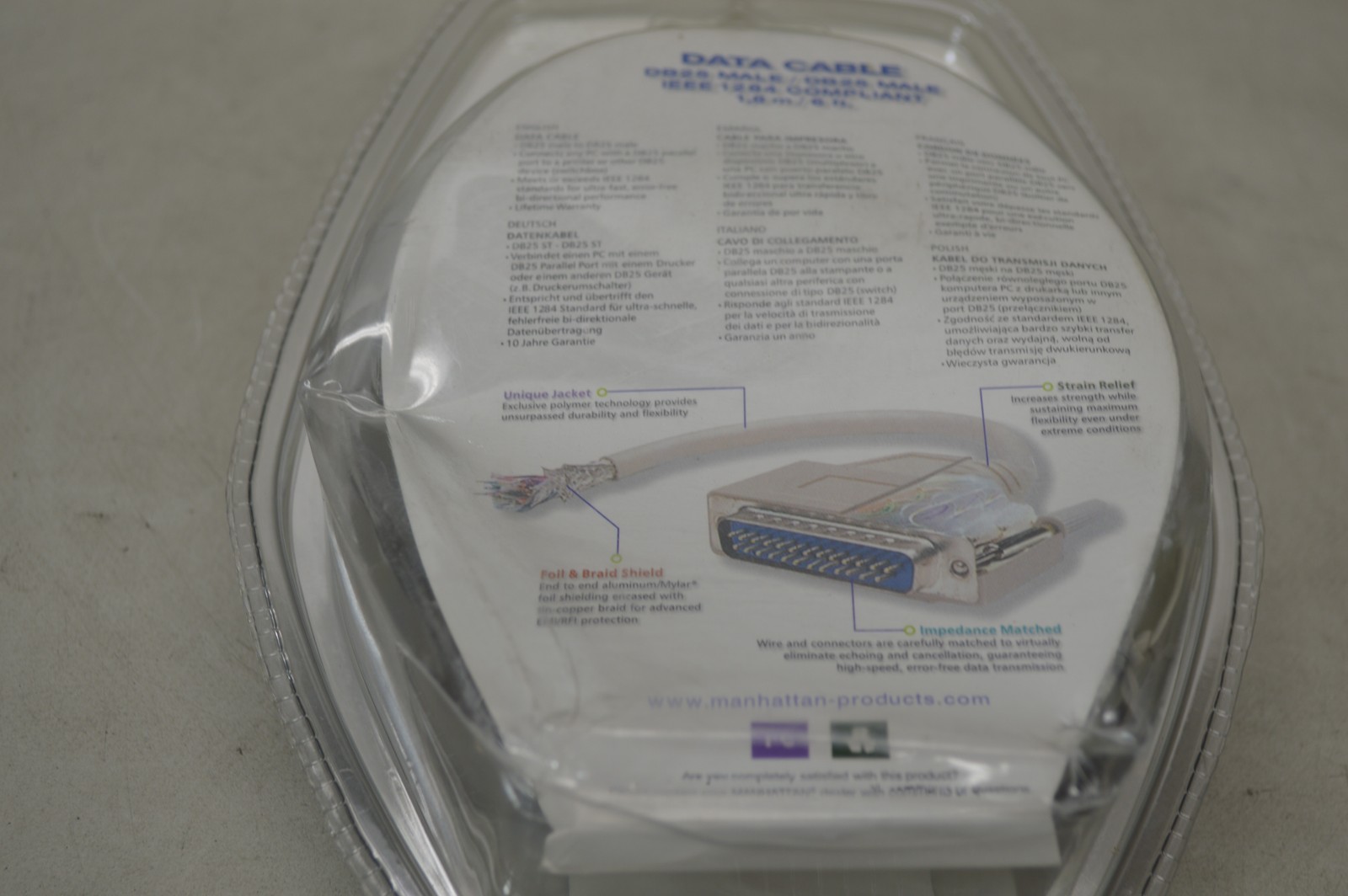 Manhattan DB25 Male to Male Parallel Printer Data Cable IEEE 1284 6ft 1.8m, NEW