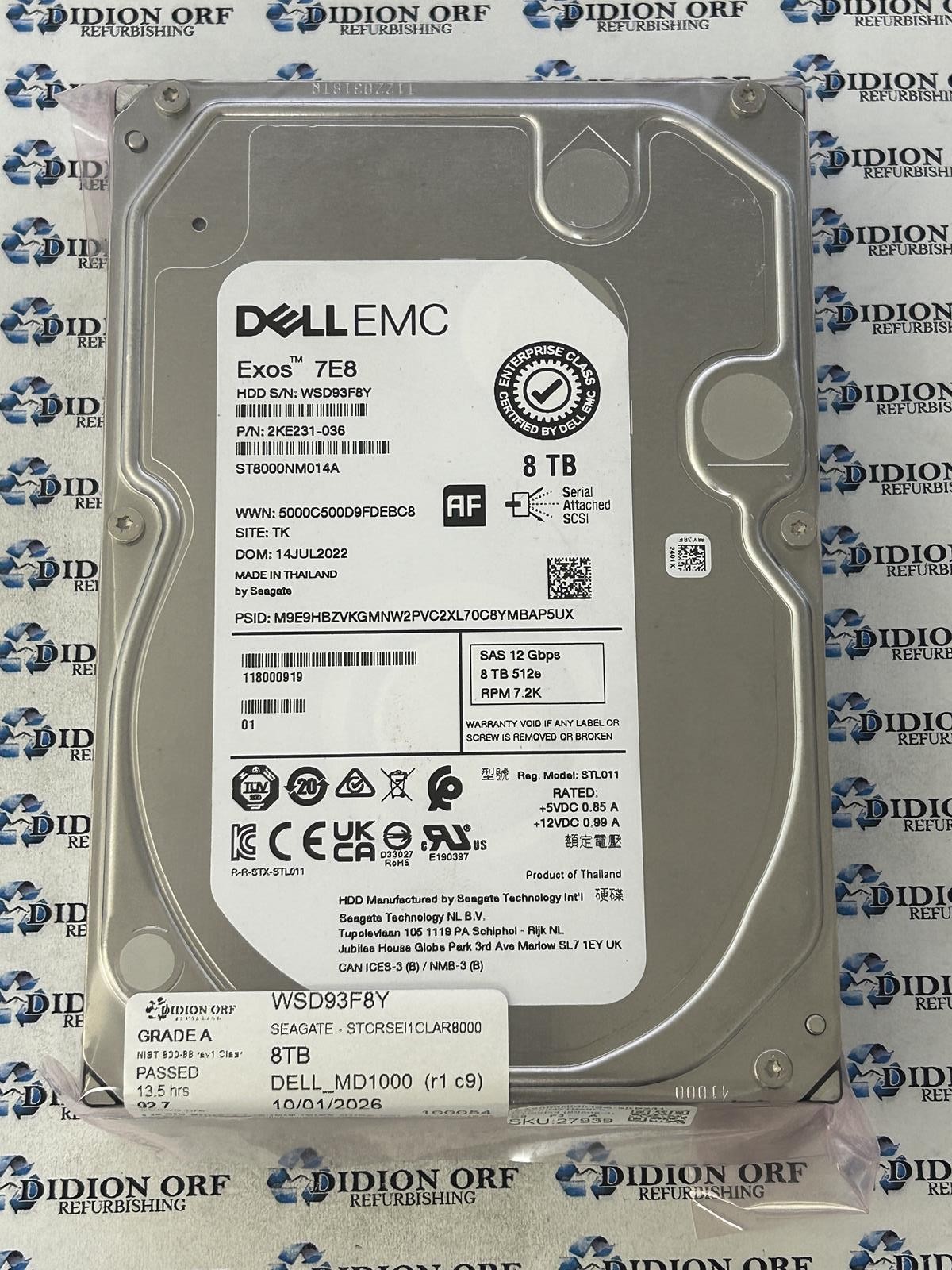 DELL 8TB 3.5" SAS HDD 7200 RPM ST8000NM014A-2KE231, GRADE A, SKU 27939