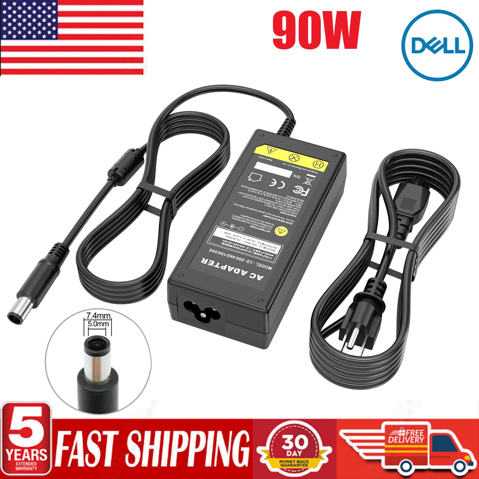 For Dell 90W 7.4mm Charger AC Power Adapter (LA90PM130, HA90PM180, DA90PM130) US