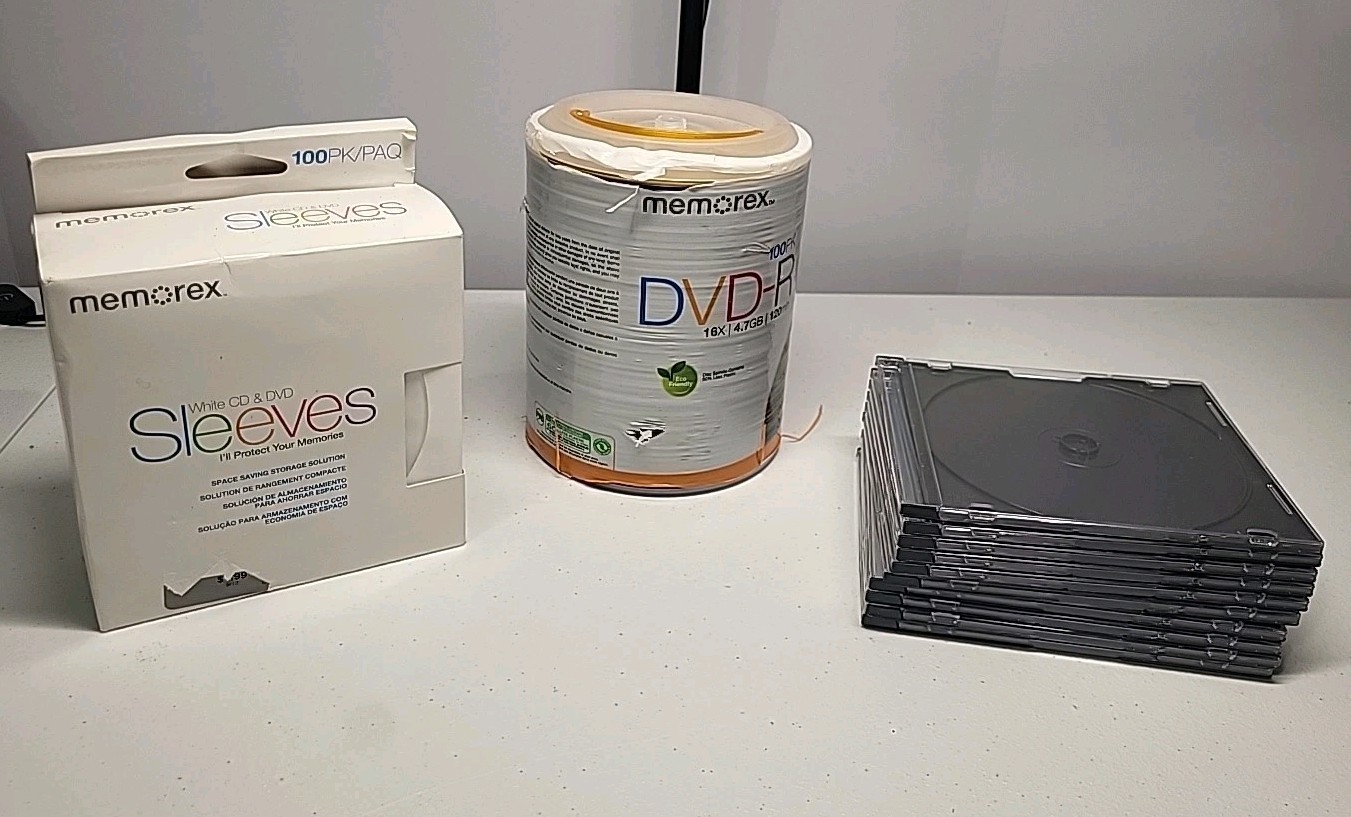 Memorex DVD-R 16X 4.7GB 120min 100 Disc Spindle + 100 Sleeves + 10 Jewel...