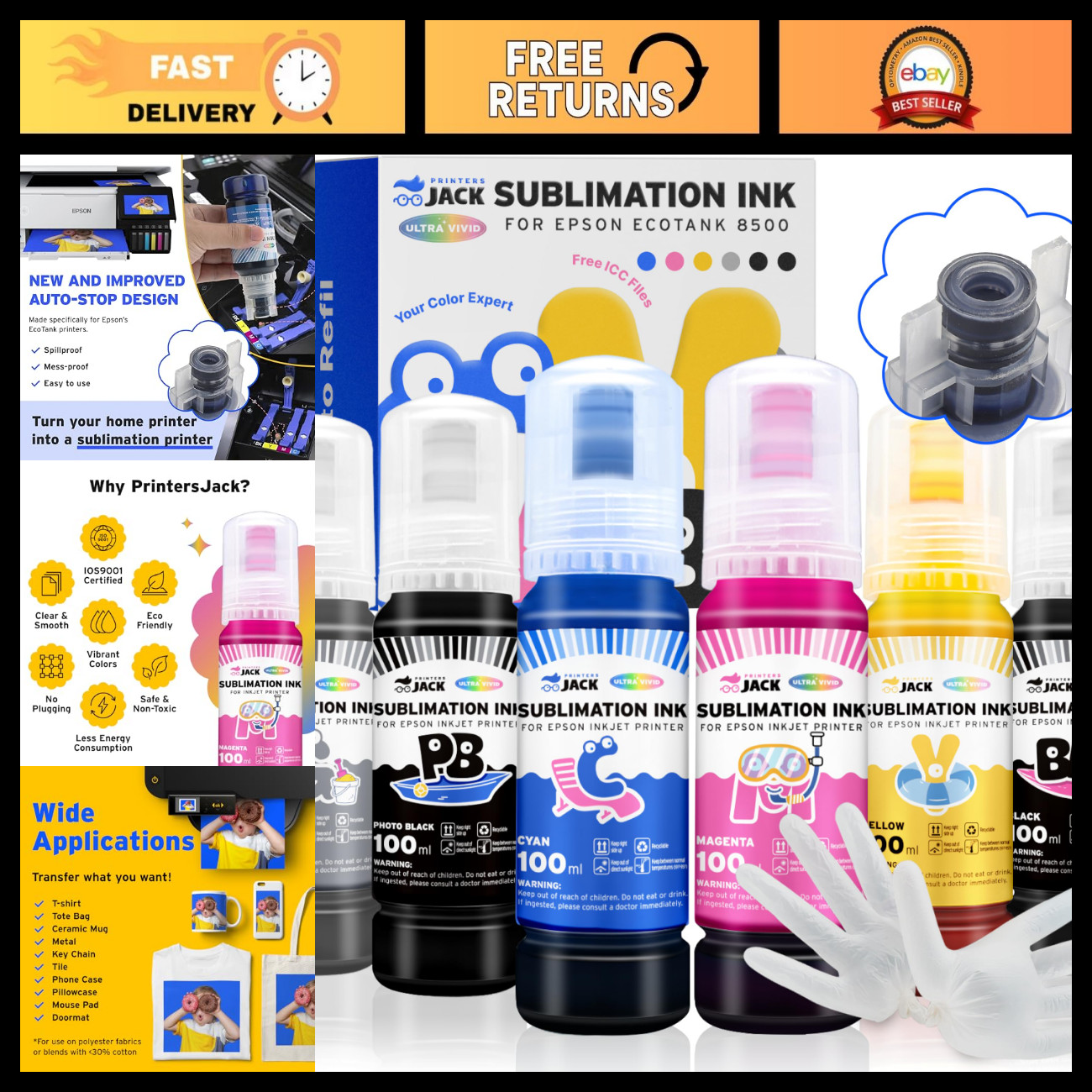 600ML Sublimation Ink for Wide-Format Printers - 6 Colors, Heat Press Transfer,