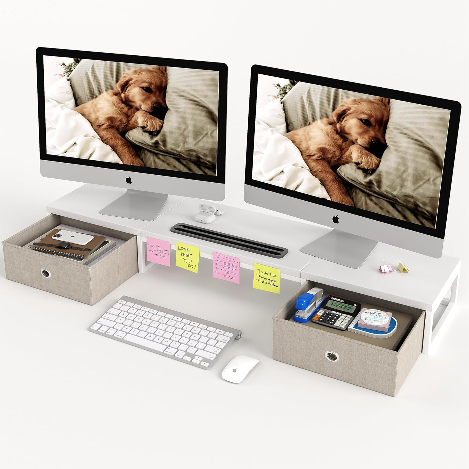 39 Inch Dual Monitor Stand Riser with Drawers White Wooden Desk Organizer for