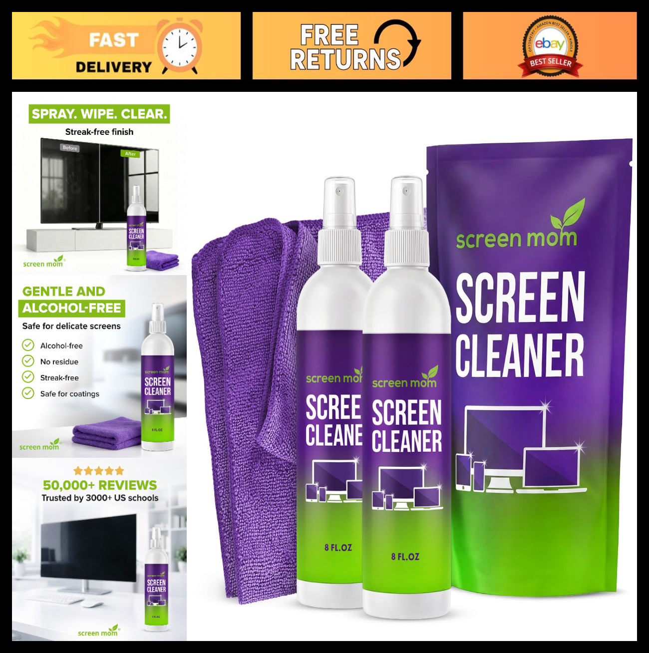 2 Pack Screen Cleaner Spray 16oz - Safe for TV, Car, Laptop & Computer Displays
