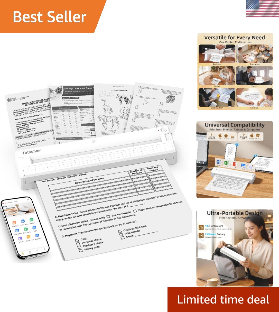 Compact Bluetooth Thermal Printer - Versatile Inkless Printing for Any Occasion