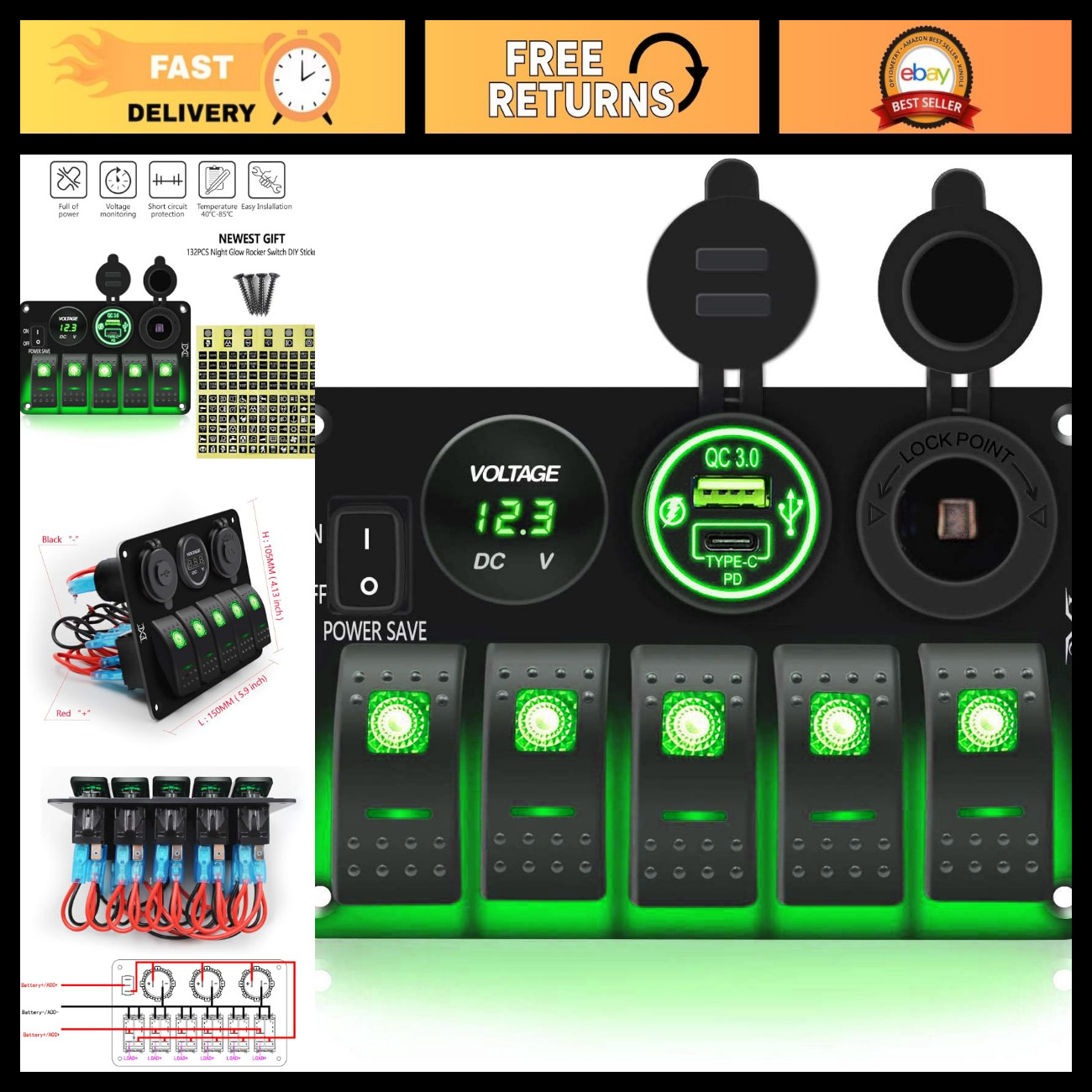 5 Gang Waterproof Rocker Switch Panel with QC3.0 USB, Type-C, Cigarette Lighter