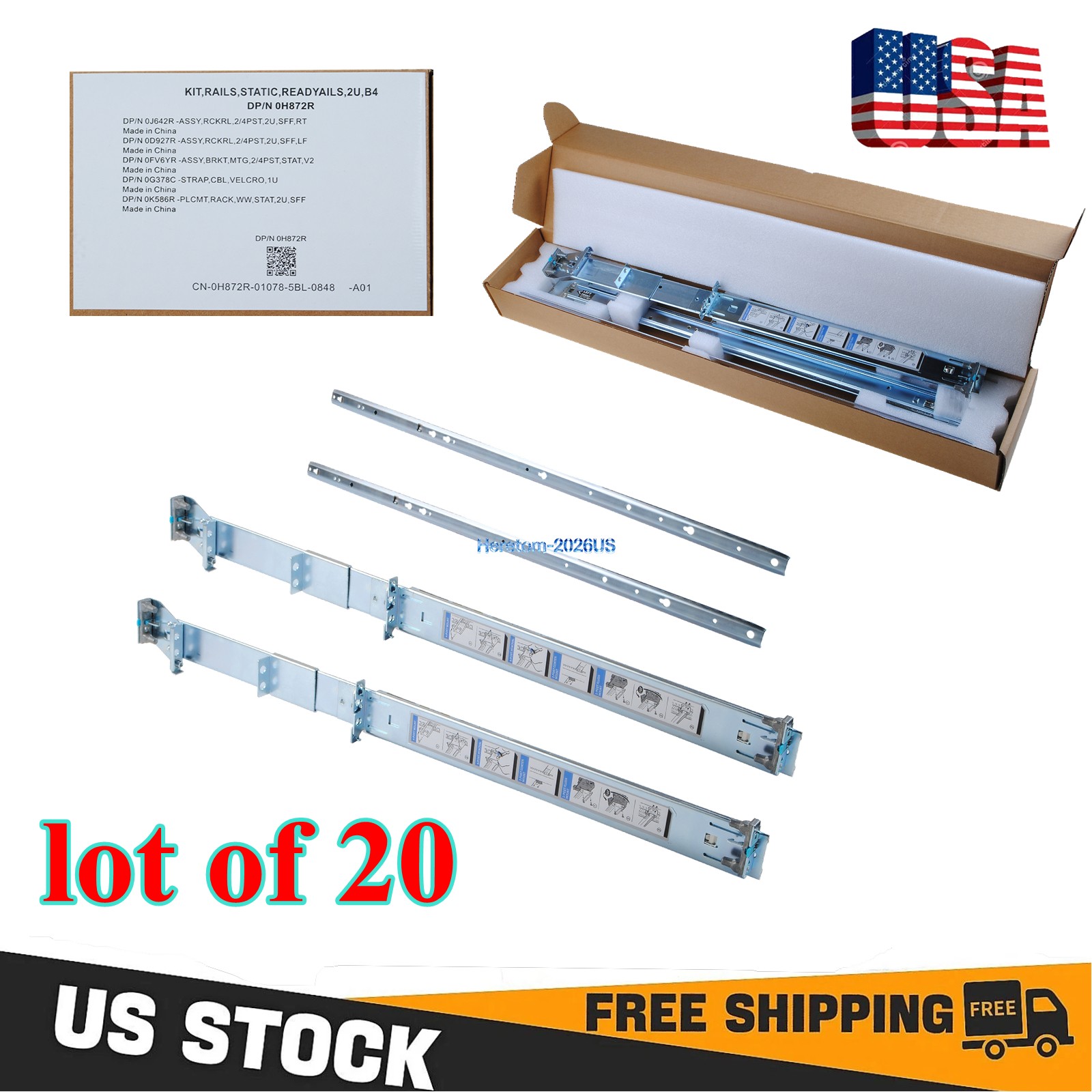 20x 2U Static Rails for Dell R510 R520 R530 R540 R720 R730 R740 R820 R6525 R7525