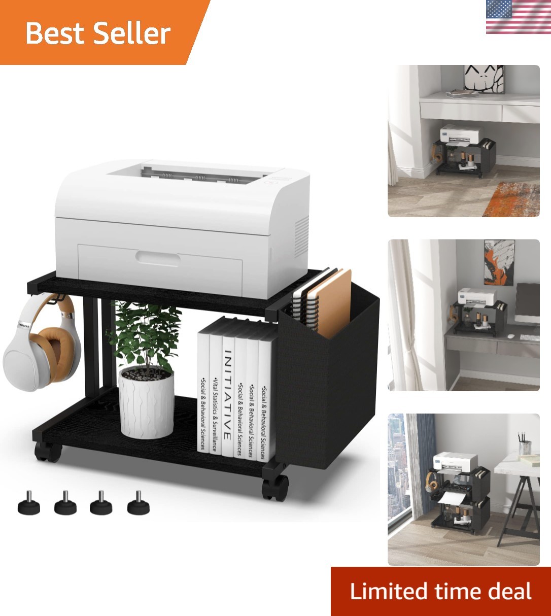 Compact 2 Tier Black Printer Stand - Multi-Purpose Office Organizer with Wheels