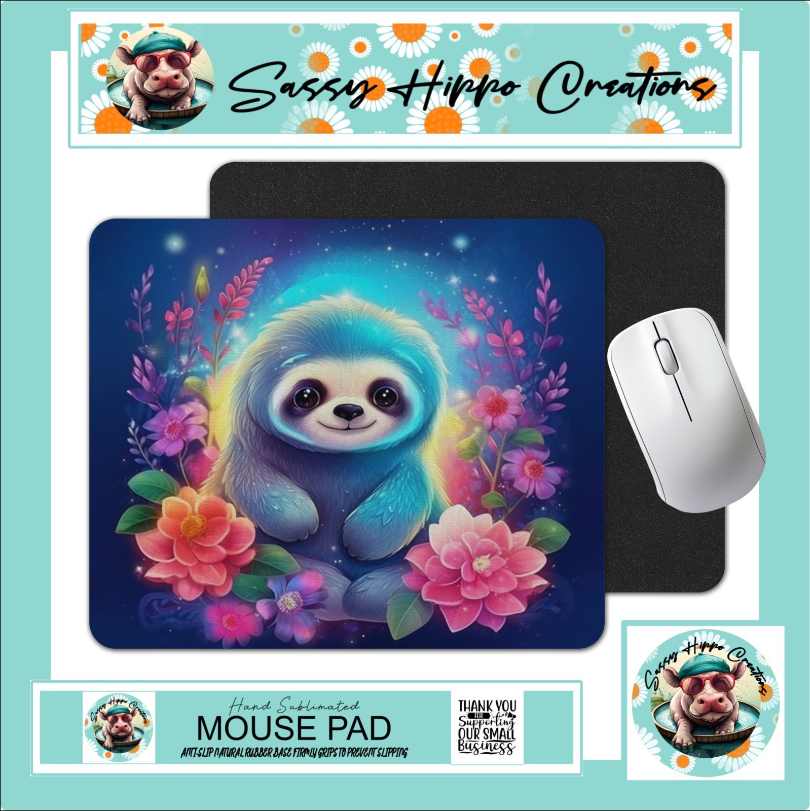 Mouse Pad Neon Sloth Colorful Flowers Anti Slip Back Easy Clean Sublimated