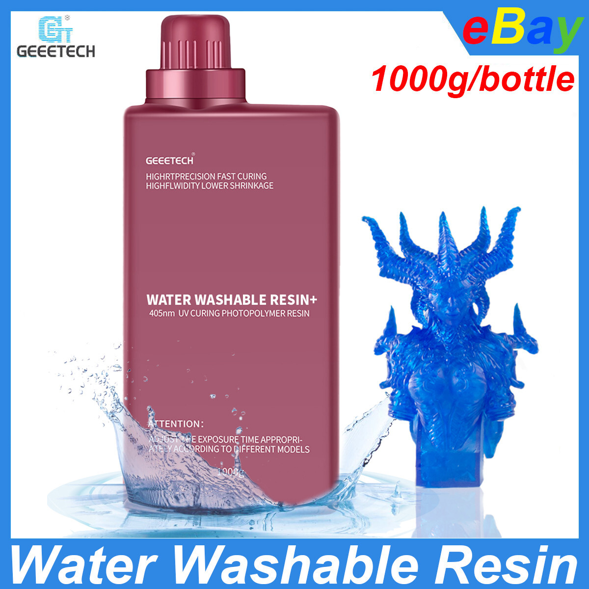 Geeetech Water Washable Resin 405nm UVCuring Resin 1kg Blue for Resin 3D Printer