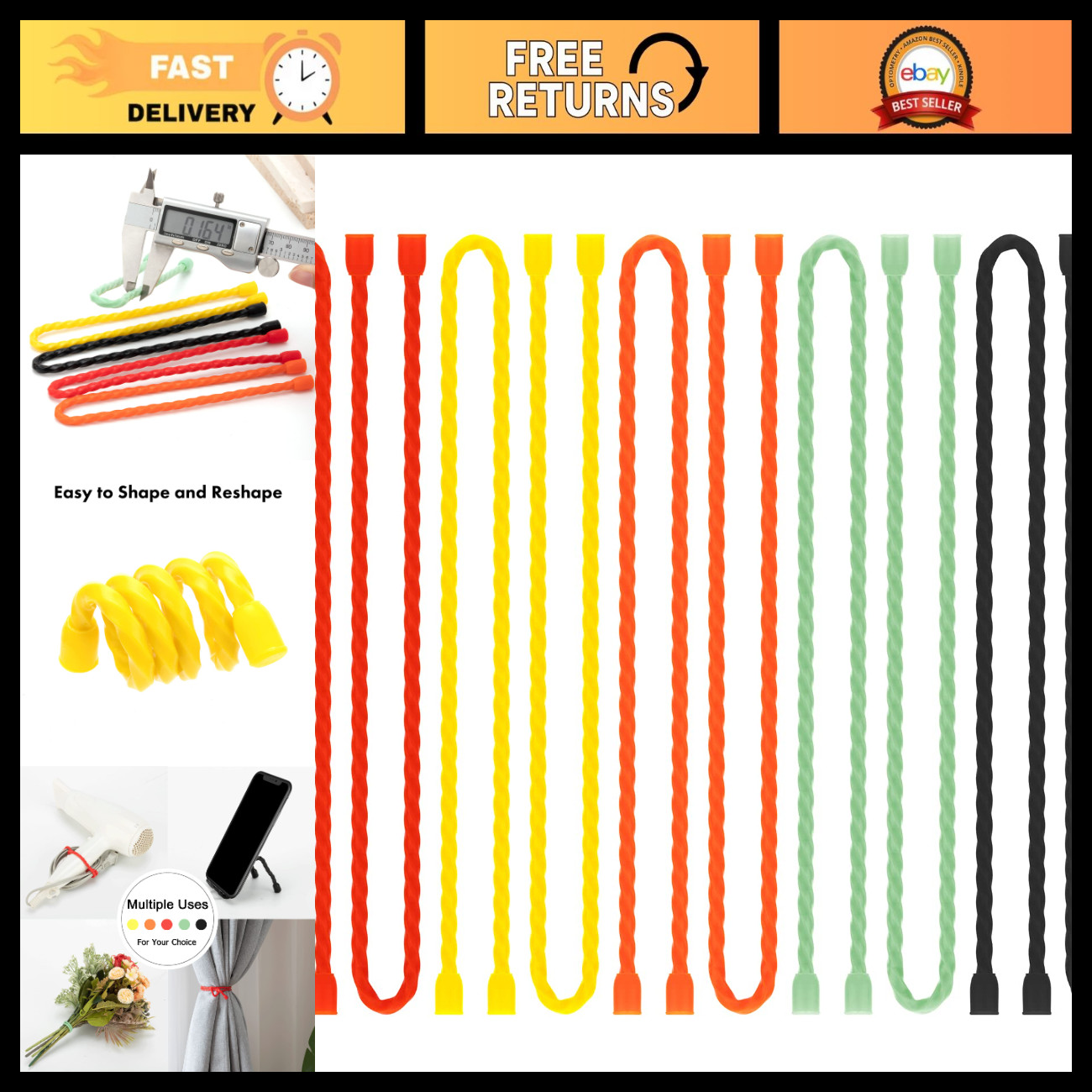 10 PCS 18" Reusable Silicone Cable Ties - Bendable Twist Ties for Bundling, 5 Co