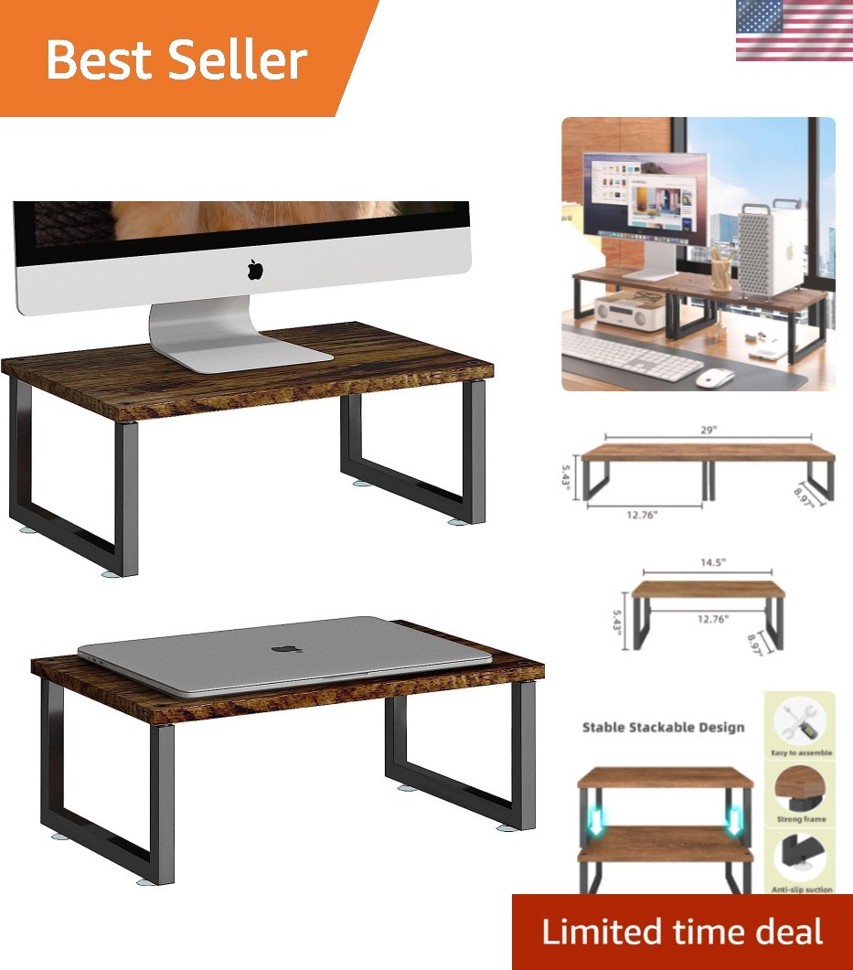 2 Pack Monitor Stand Riser, Wood Desk Storage Organizer for Office Laptop, Co...