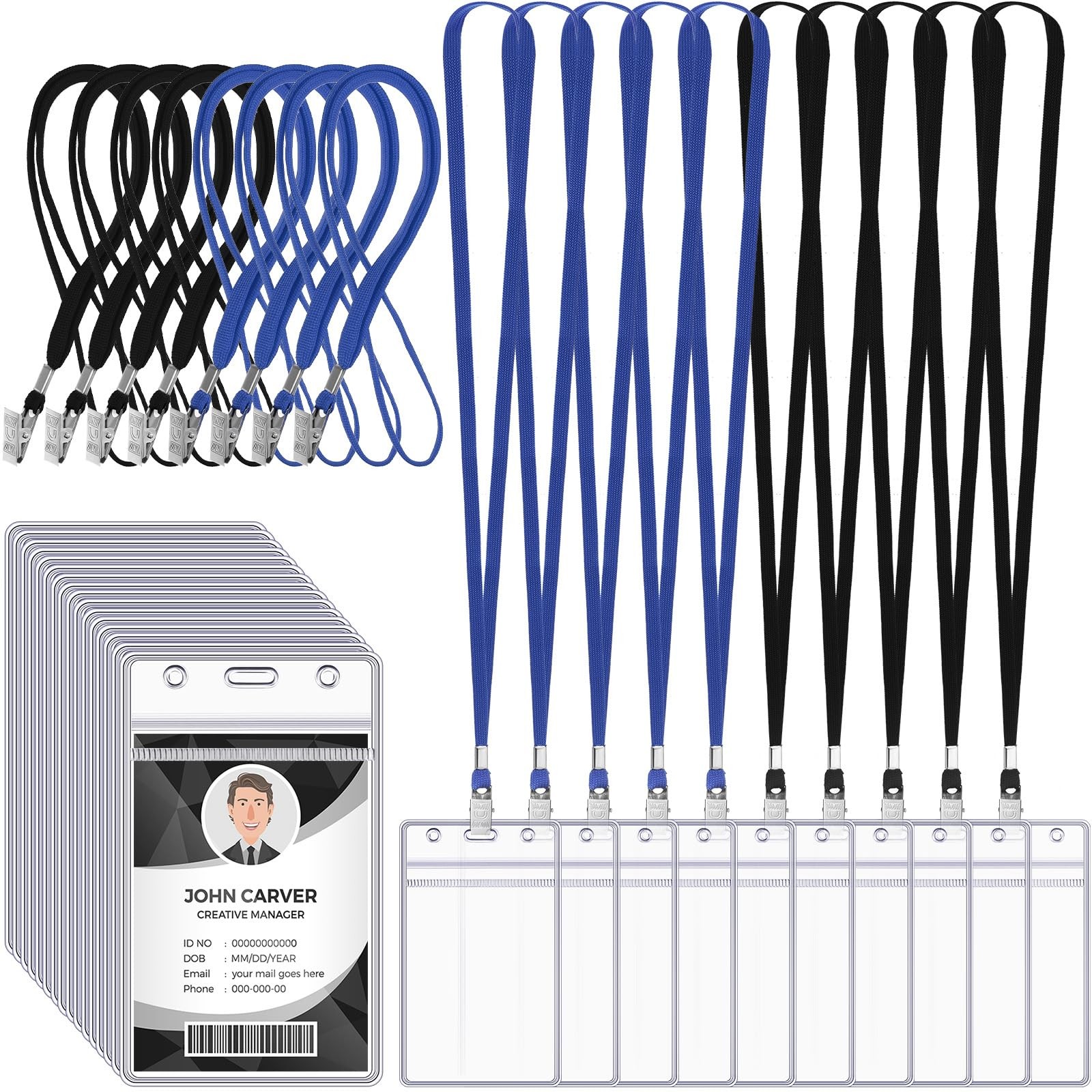 Marspark 200 Pcs ID Badge Holder with Lanyard Clear Black, Blue