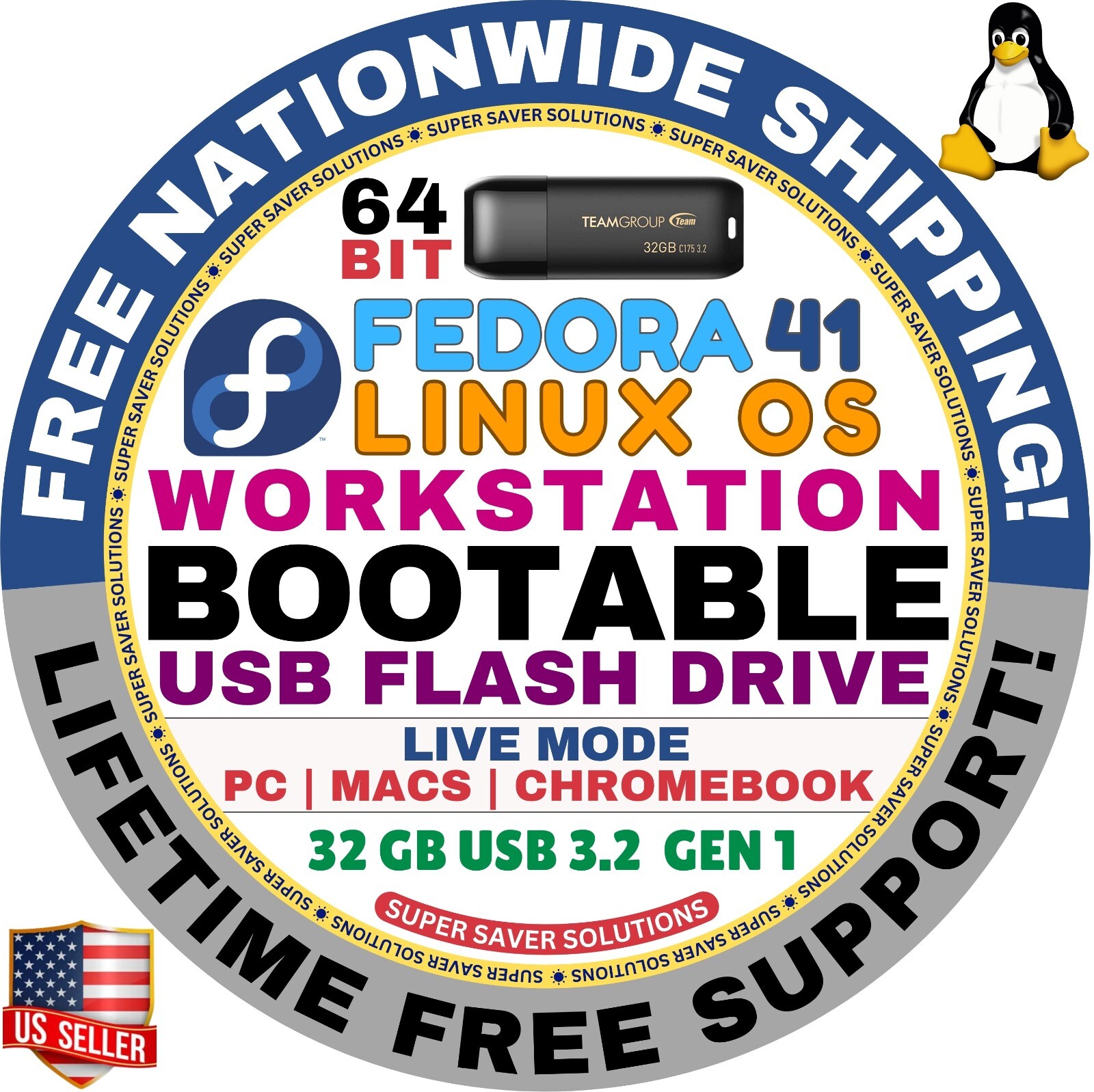FEDORA 41 LINUX OS WORKSTATION BOOTABLE USB DRIVE |  64-BIT, Live Mode | MAC, PC