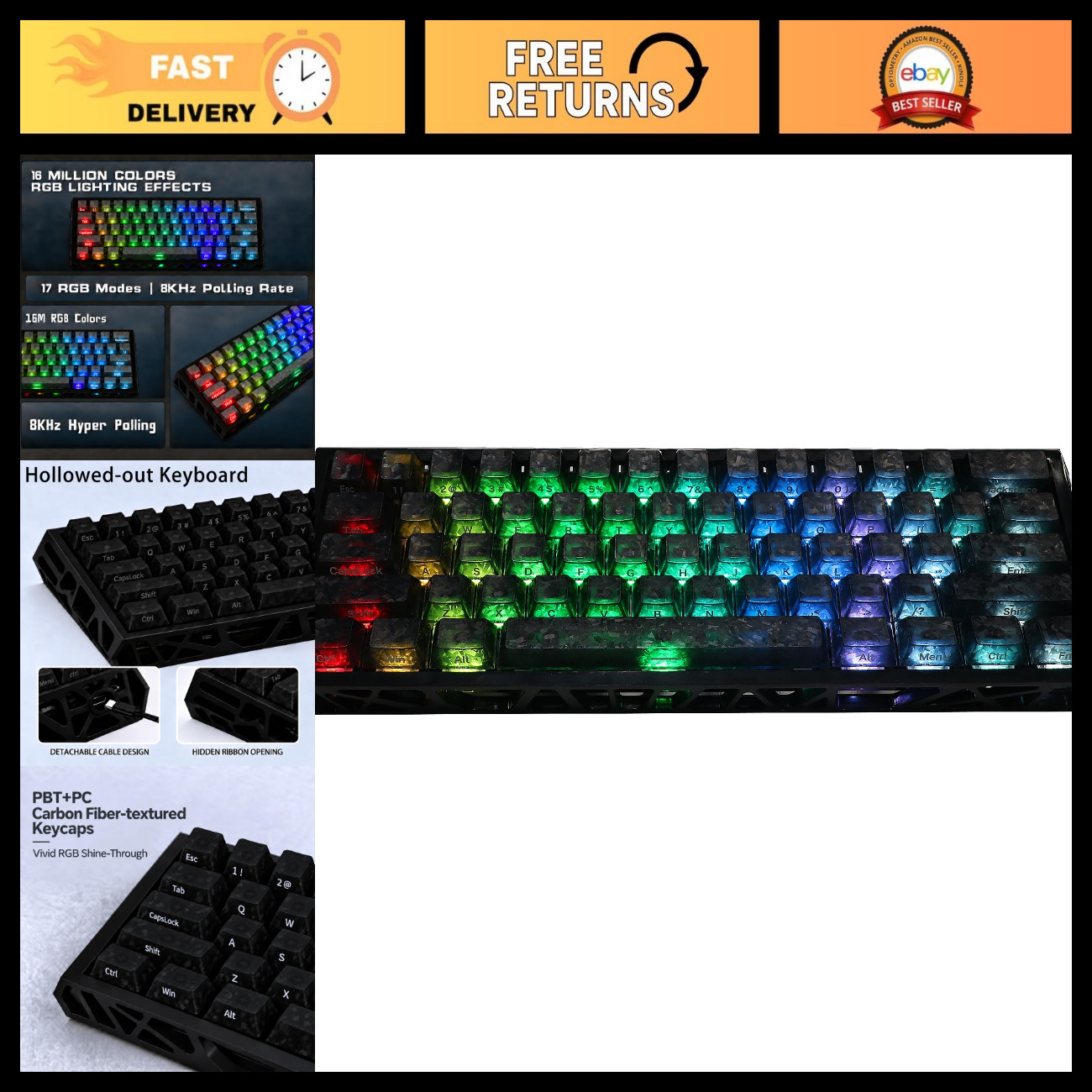 60% Wired Mechanical Gaming Keyboard - Compact Hollow Design, RGB Backlit