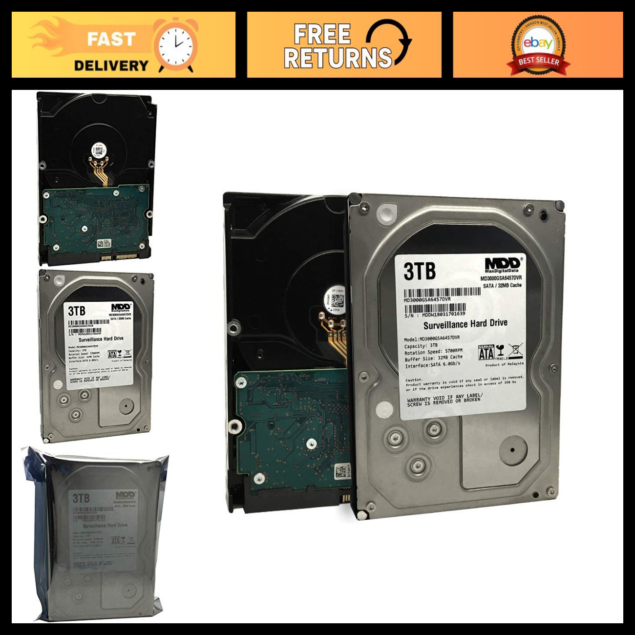 3TB Internal Surveillance Hard Drive, 32MB Cache, SATA 6.0Gb/s, 3.5" - Renewed,