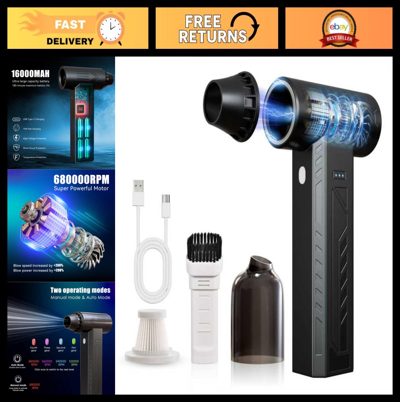 High-Power Cordless Compressed Air Duster 480000RPM Variable Speed Rechargeable