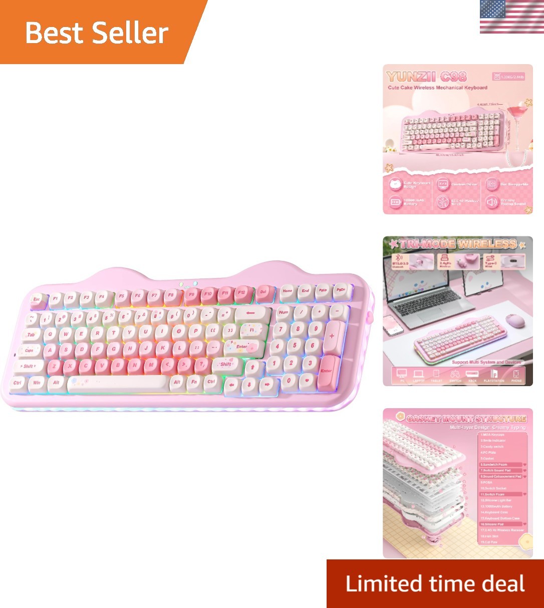 99-Key C98 Cute Cake RGB Wireless Keyboard - Versatile, Ergonomic & Gift-Ready