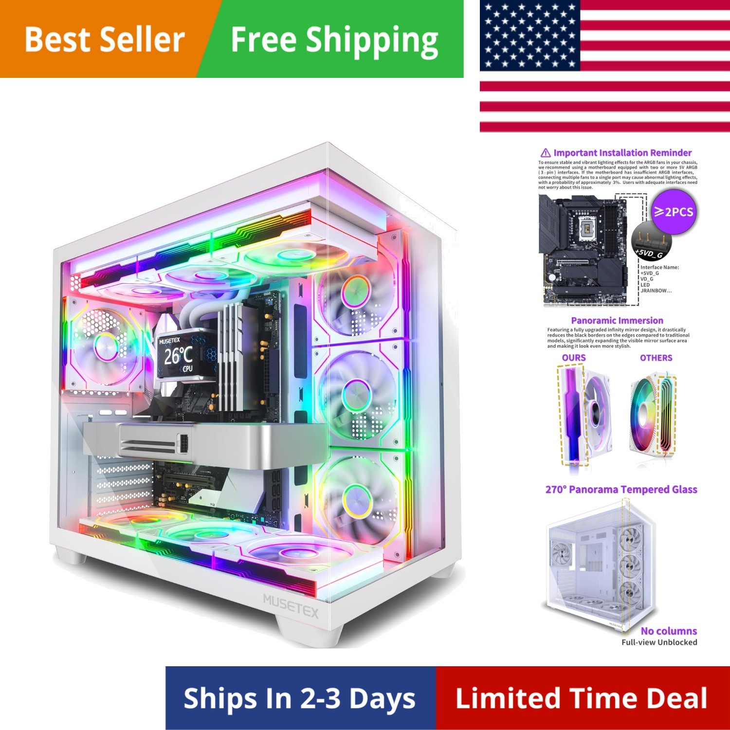 Y6 PC Case, Pre-Installed 7 Infinity Mirror PWM ARGB Fans, ATX Mid Tower Comp...