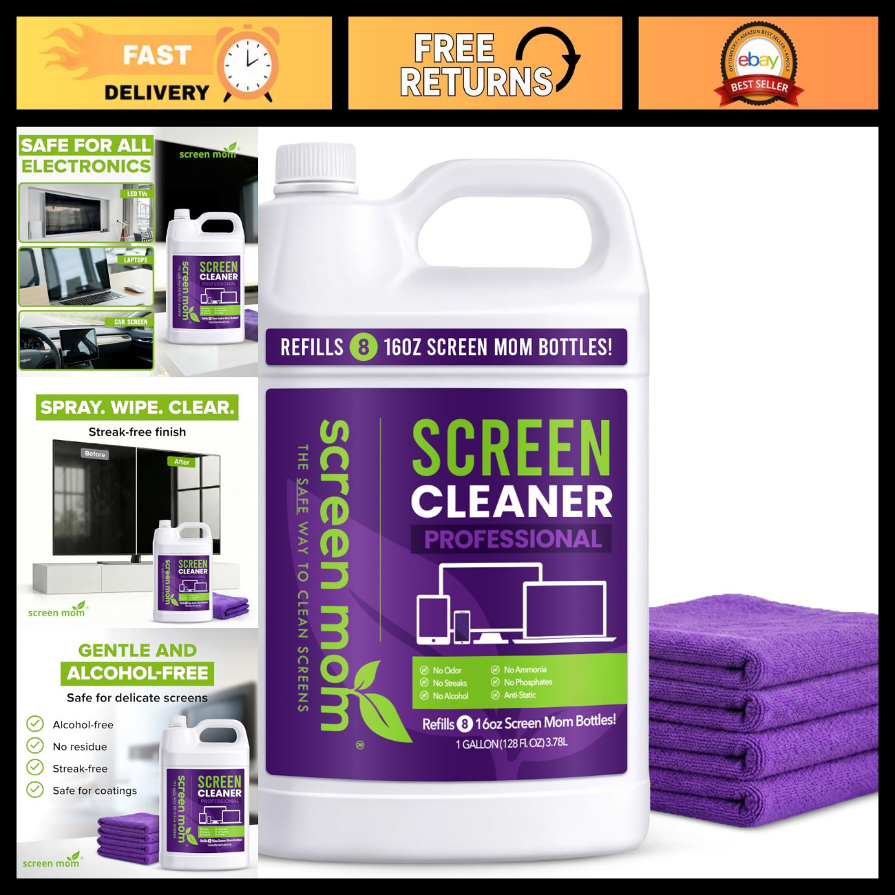 Screen Cleaner Spray Refill 1 Gallon + 4 Microfiber Cloths for TV, Laptop, Phone