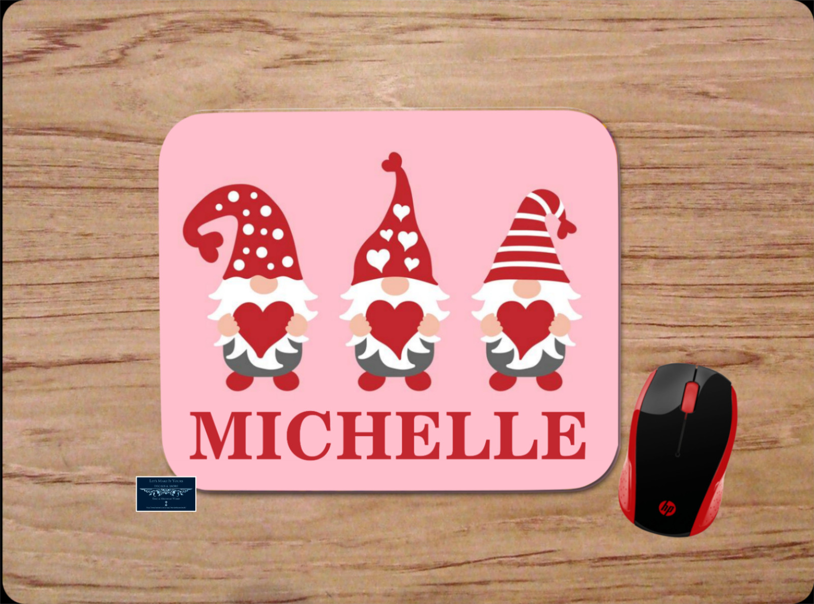 3 GNOMES W/ RED HEARTS PINK MONOGRAM YOUR NAME PERSONALIZED MOUSE PAD MAT GIFT