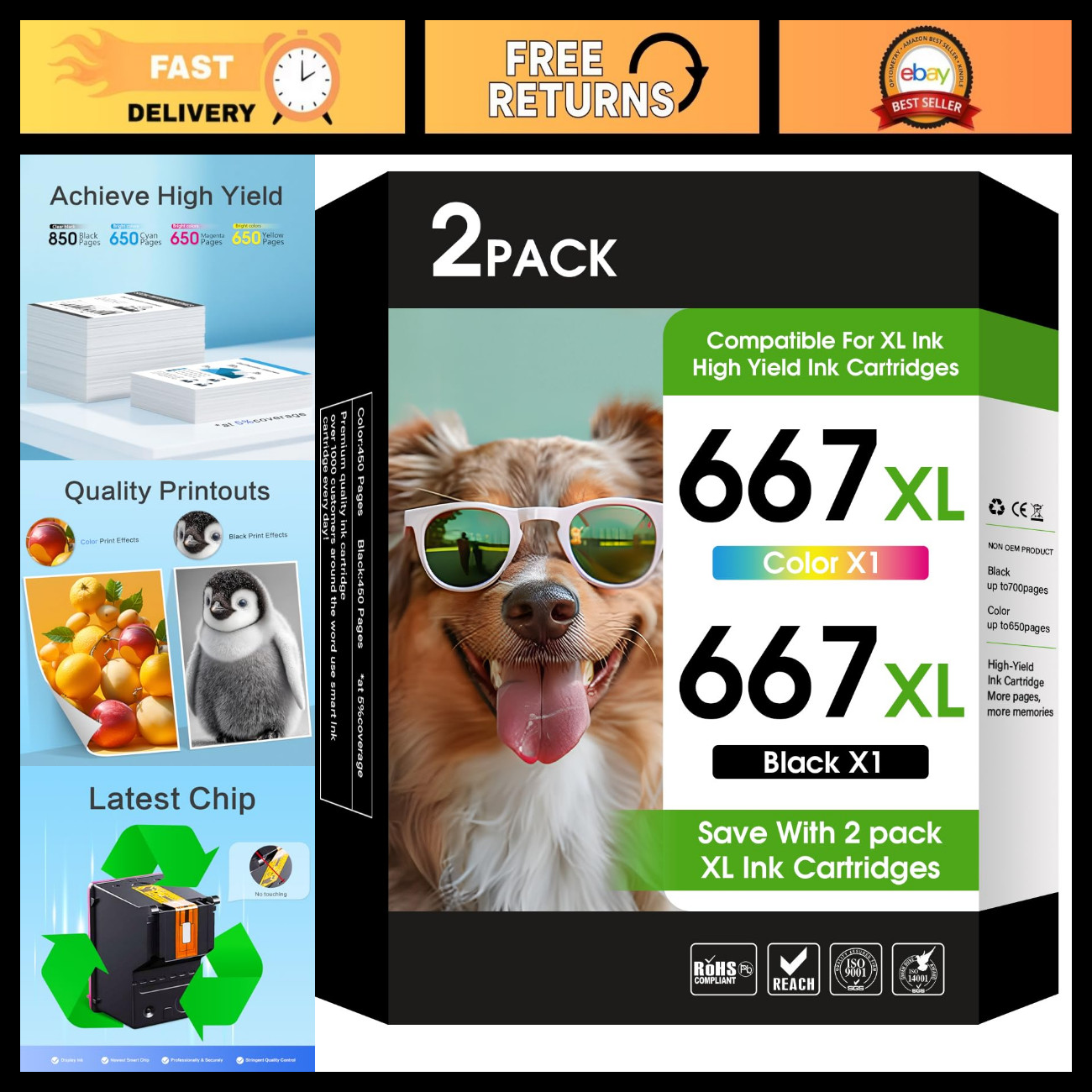 High-Capacity 667XL Ink Cartridges - Black & Color Compatible for HP Printers