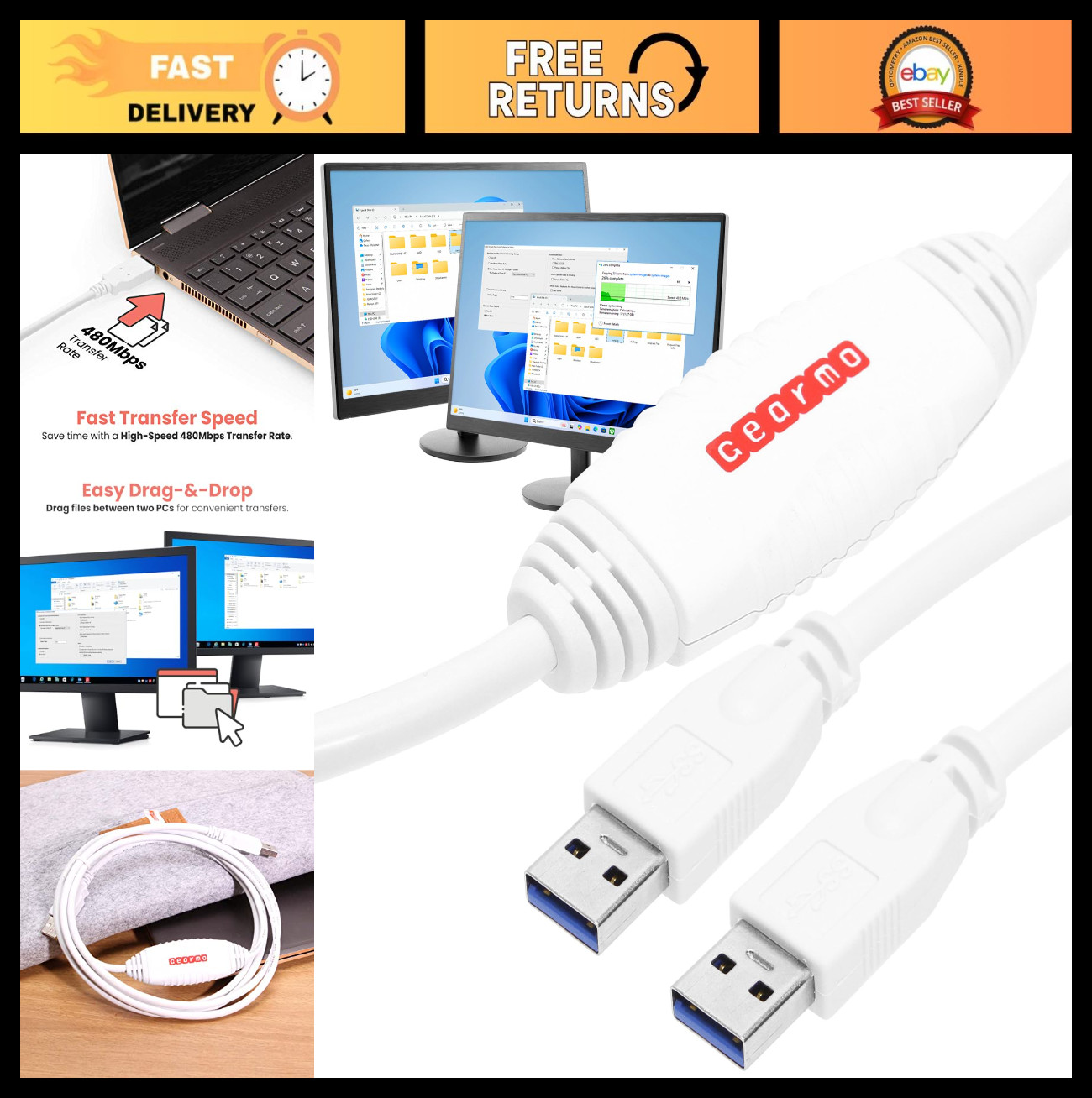 6ft USB Data Transfer Cable - High Speed PC to PC File Transfer, No Installation