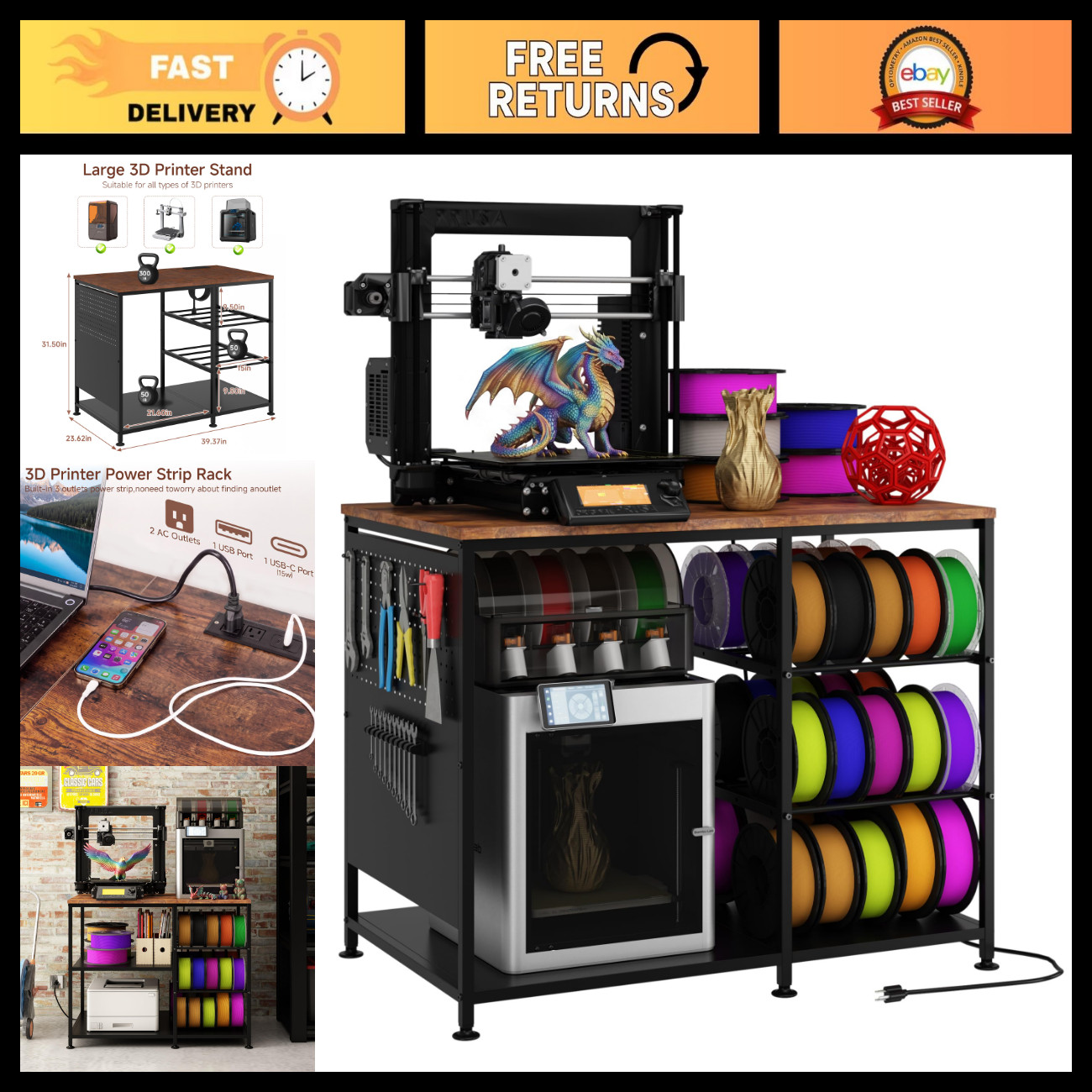 3D Printer Stand with Filament Storage Rack, Heavy Duty Multi-Layer Work Table f