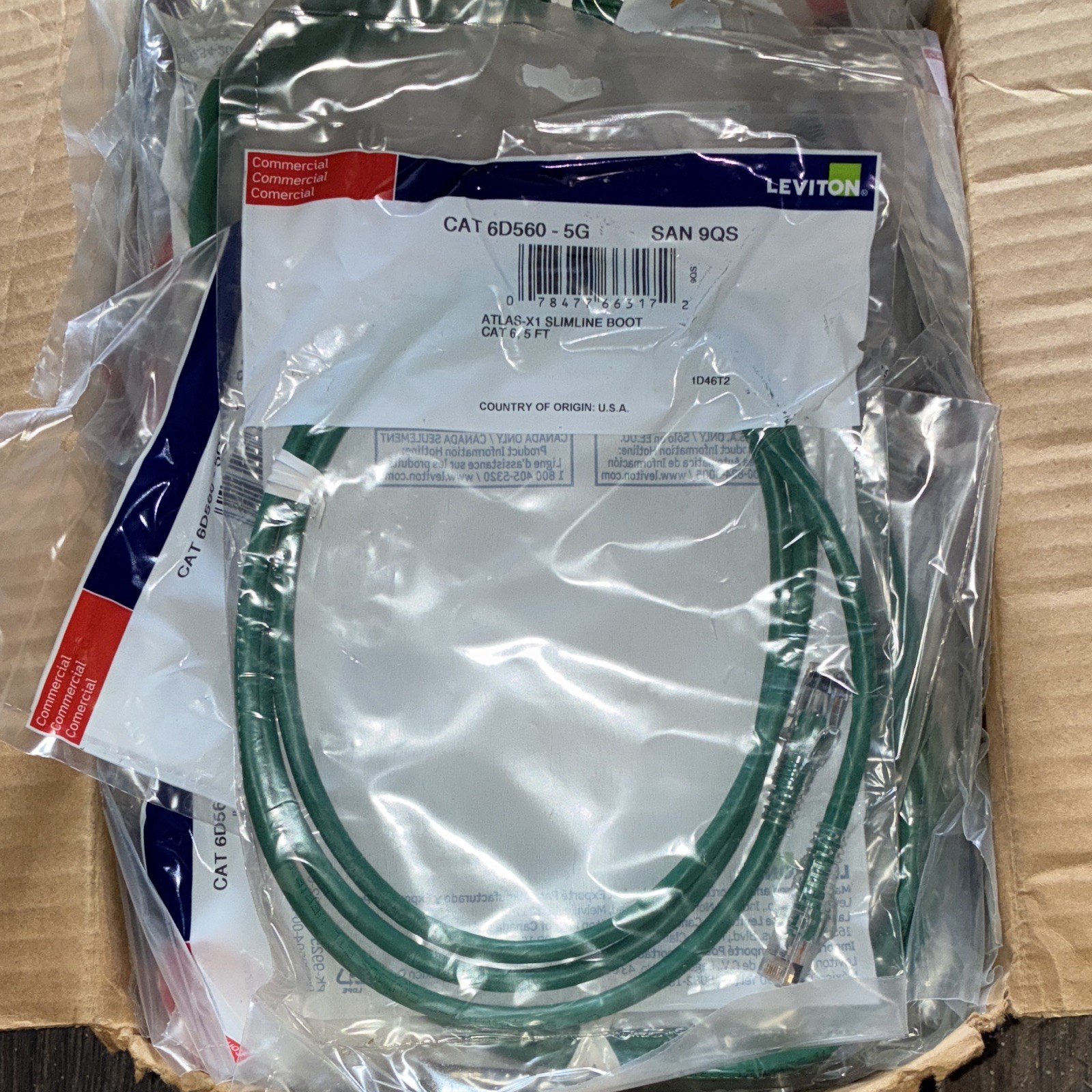Leviton Atlas-X1 Cat 6 RJ-45 Ethernet Patch Cable Slimline Boot Green 3ft