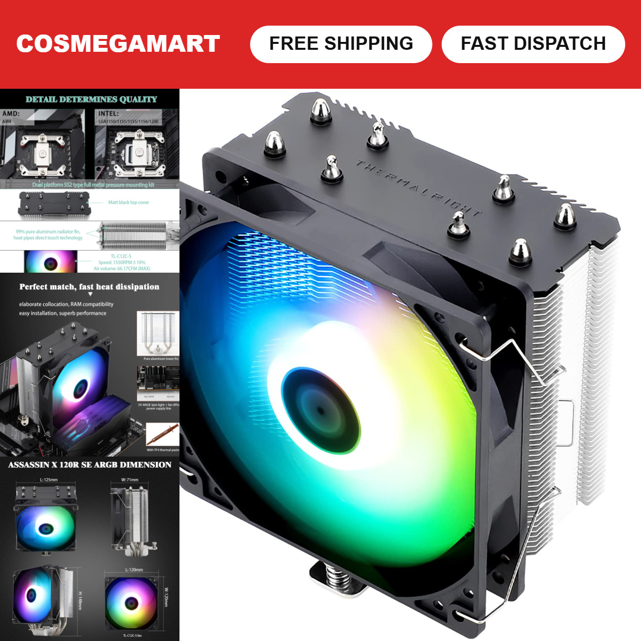 High-Performance CPU Air Cooler, 4 Heat Pipes, PWM Fan, Aluminium Heatsink, AMD/