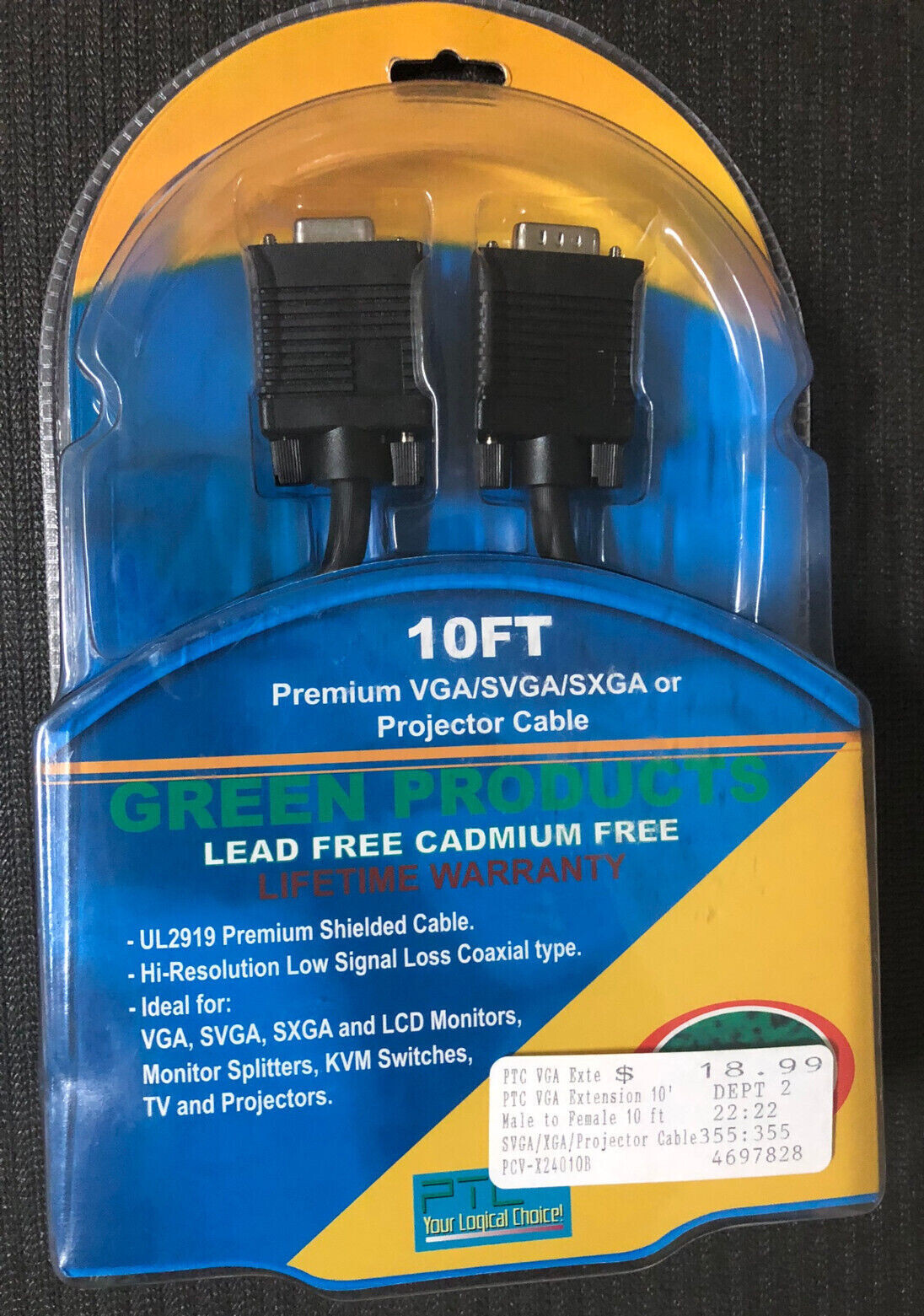 PTC PCV-X24010B 10ft. Premium VGA/SVGA/LCD Monitor/Projector M/F Cable NEW