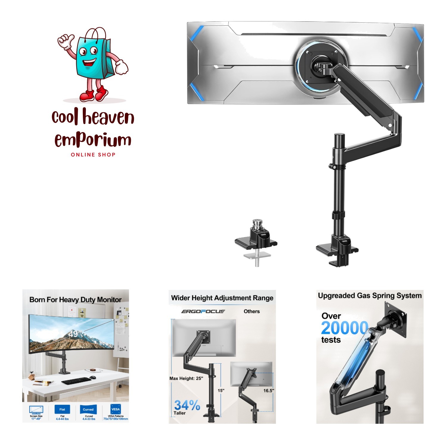 Heavy Duty Single Monitor Mount for Max 49" Ultrawide Screens