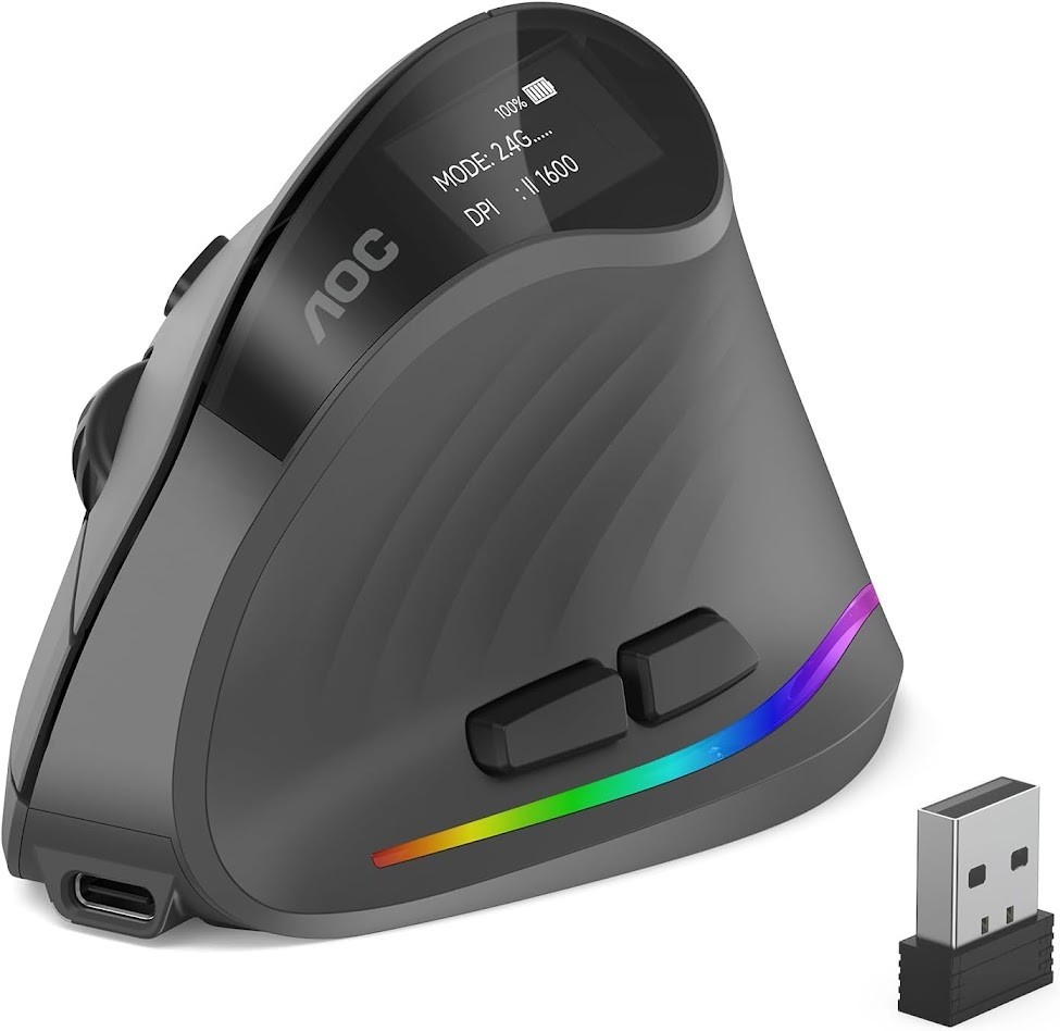 AOC MS610 Vertical Ergonomic Wireless Mouse Bluetooth 2.4G Rechargeable RGB
