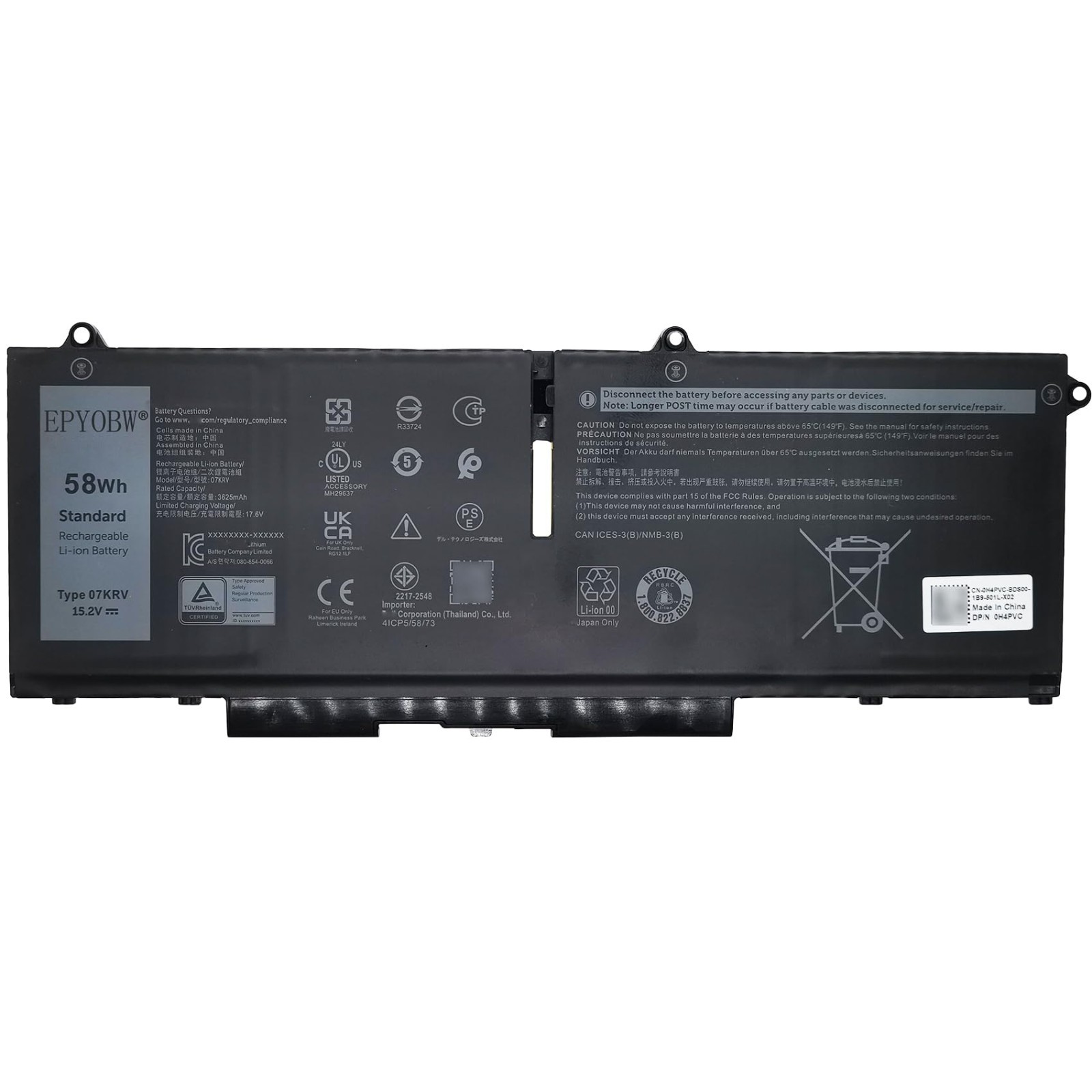 High-Capacity 58Wh Laptop Battery Replacement - Compatible with O7KRV M69D0 H4PV