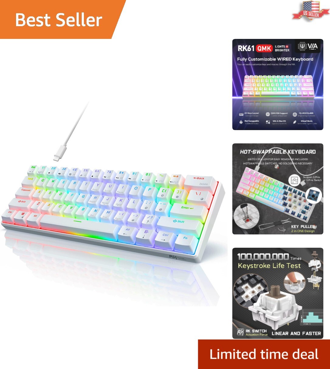 Lightweight White 60% Gaming Keyboard with RGB Backlighting - Ergonomic Design