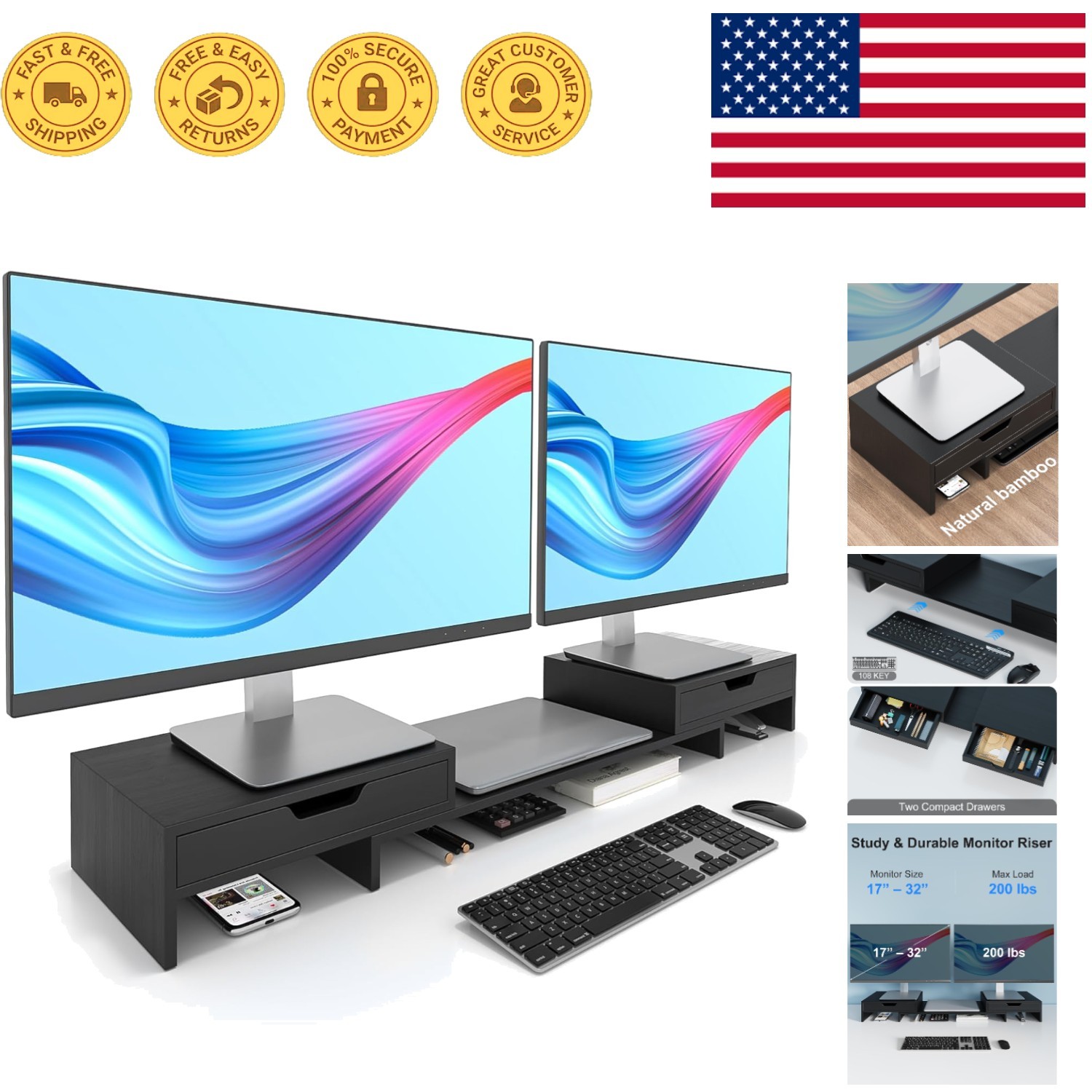 Adjustable Bamboo Dual Monitor Stand with Storage Drawers - Elegant Black Finish