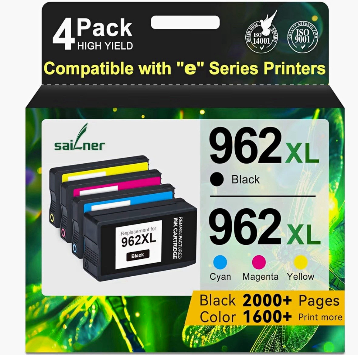 Sailner 962XL Compatible Ink Cartridge 4 Pack BK/C/M/Y for HP 9010 9012
