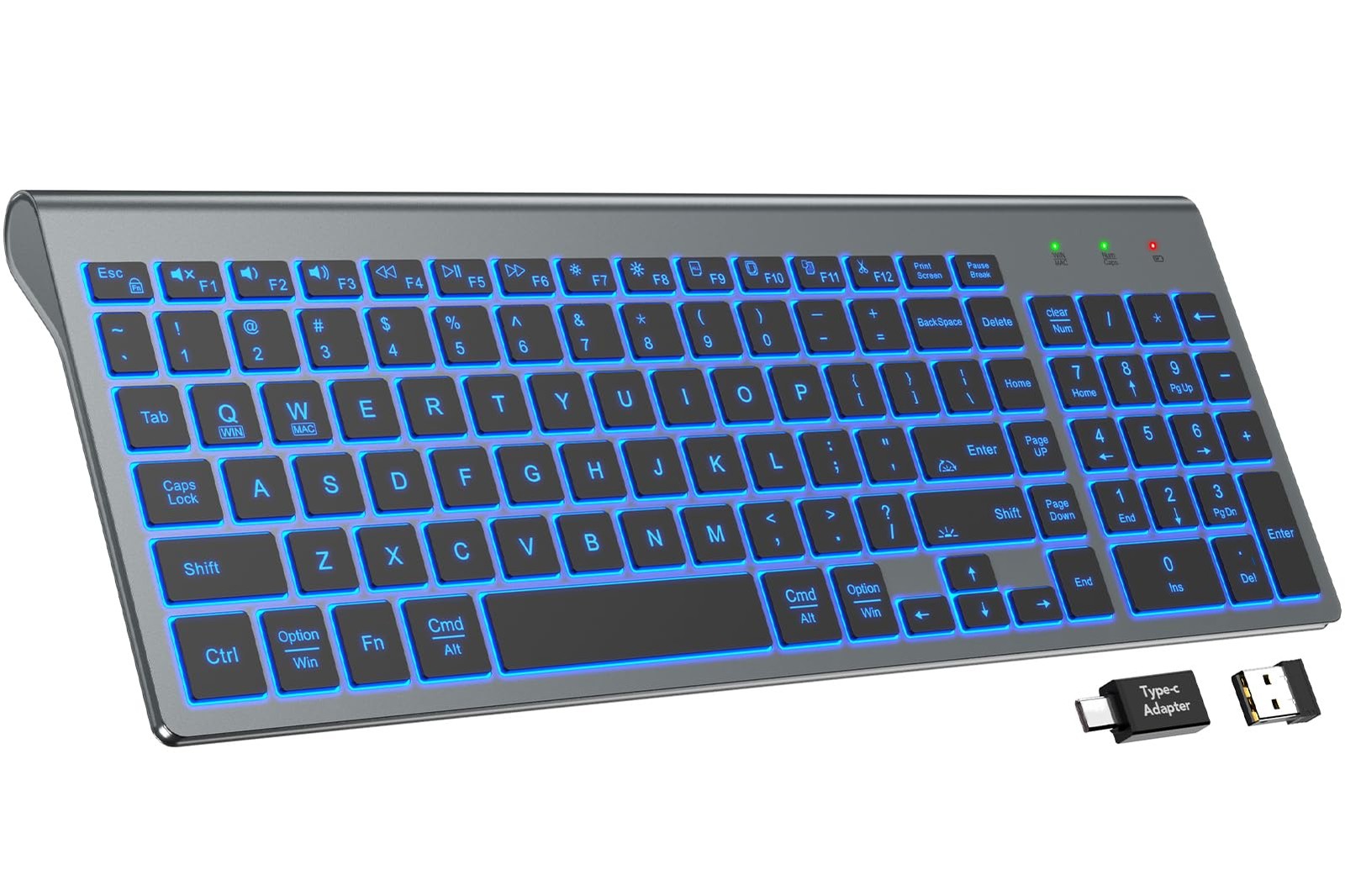 Grey Wireless Keyboard 7 Colored Backlight Rechargeable Silent Low Profile