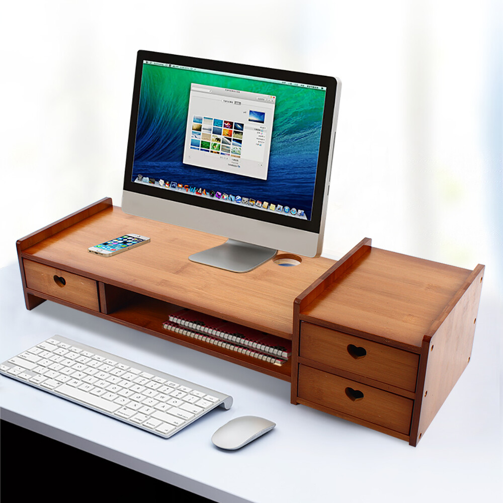 Sturdy Bamboo Wood Monitor Stand Riser w/ Drawer - Desk Storage Organizer