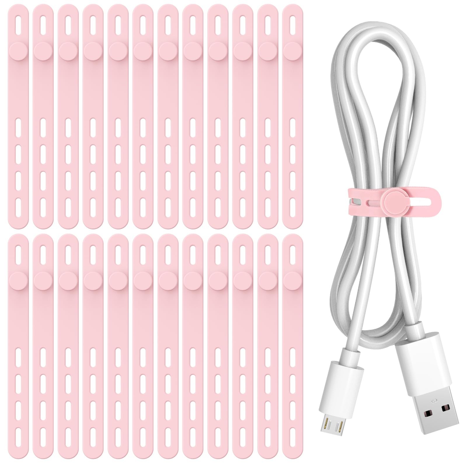 Donruby 24Pcs Silicone Cable Ties, Reusable Cord Organizer Straps, Pink