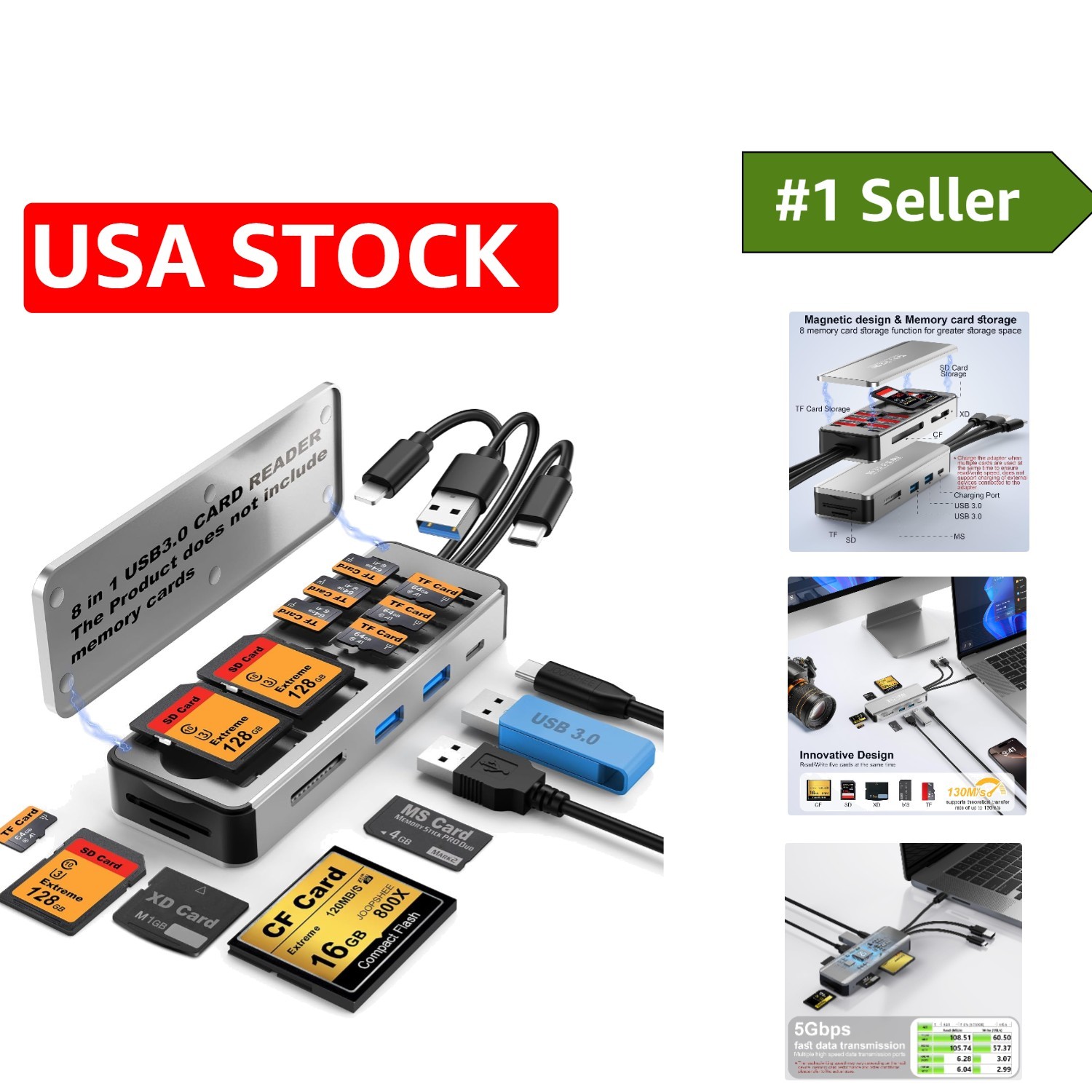 8-in-1 High-Speed USB 3.0 SD Card Reader with Storage Case - Durable Aluminum