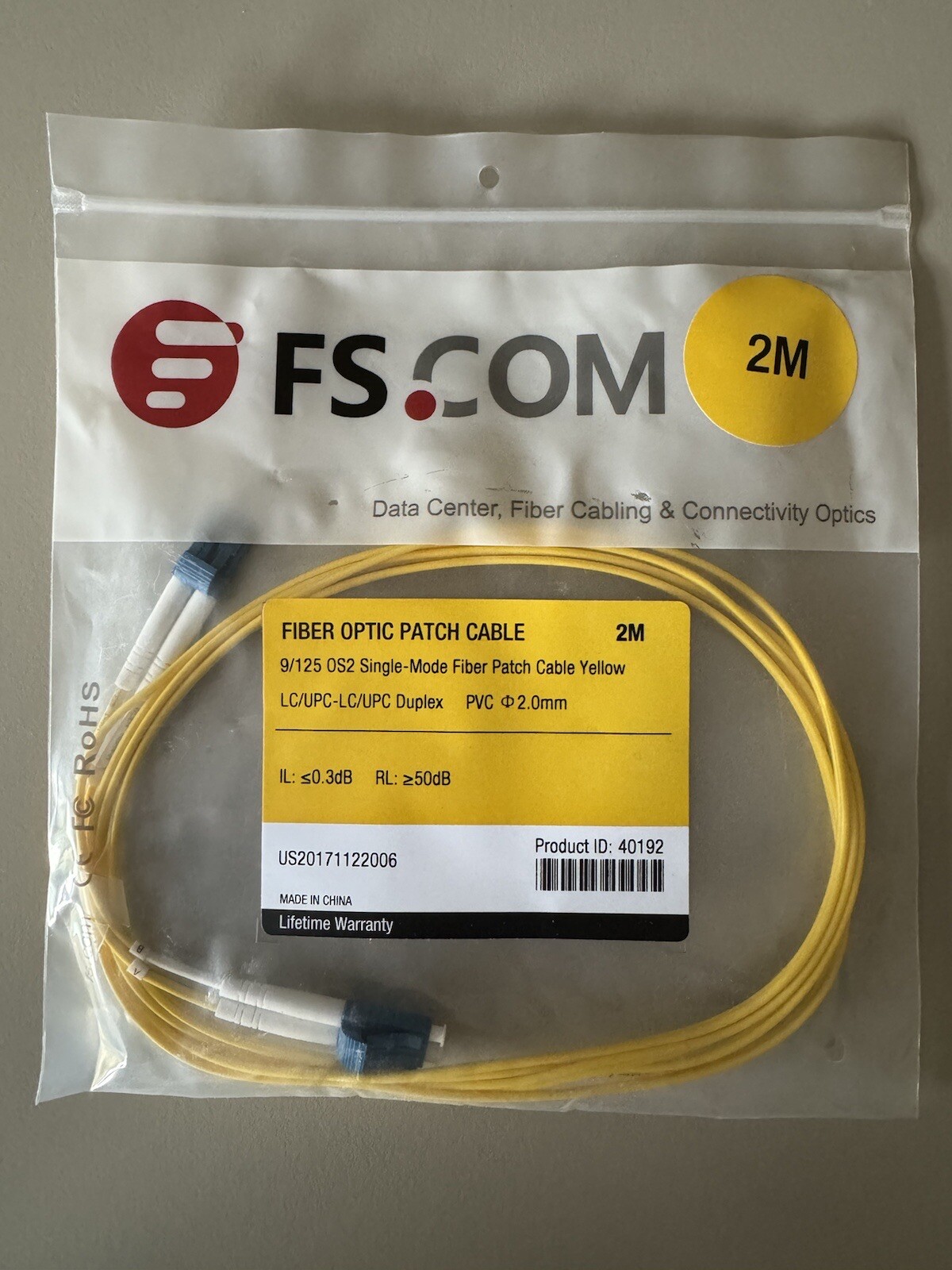 FS 40192 9/125 Single Mode Fiber Optic LC/UPC-LC/UPC Patch Cable 2m BN120