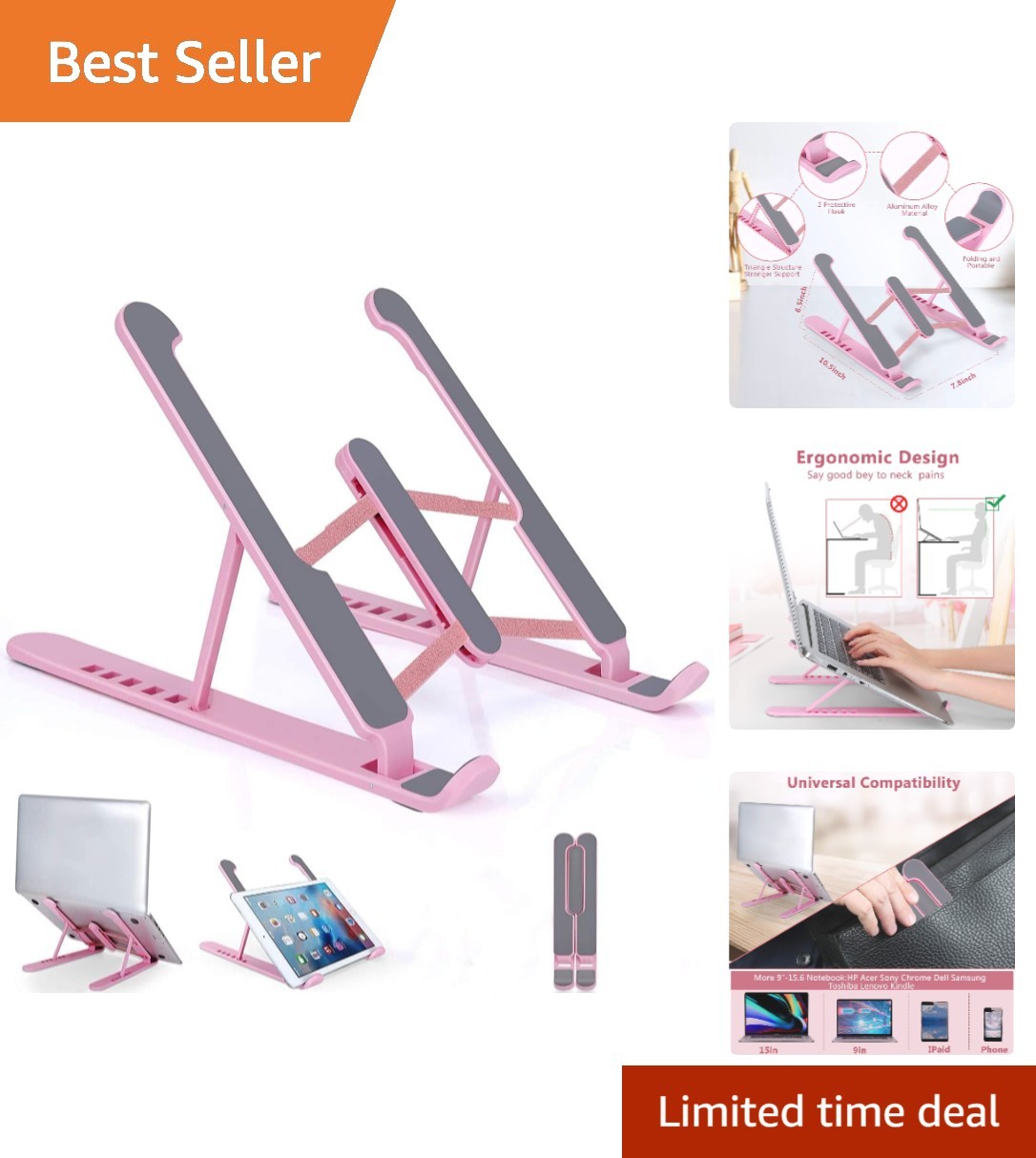 6-Level Adjustable Laptop Holder - Portable Aluminum Stand with Storage Bag