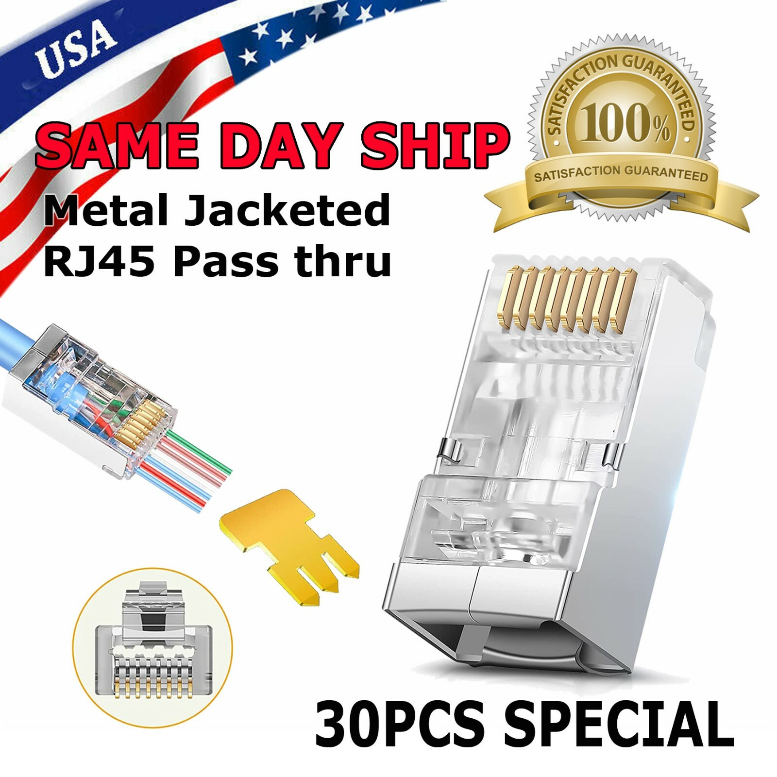 30pcs CAT5 CAT6 Shielded RJ45 Pass Through Modular Plug Cable Connector End