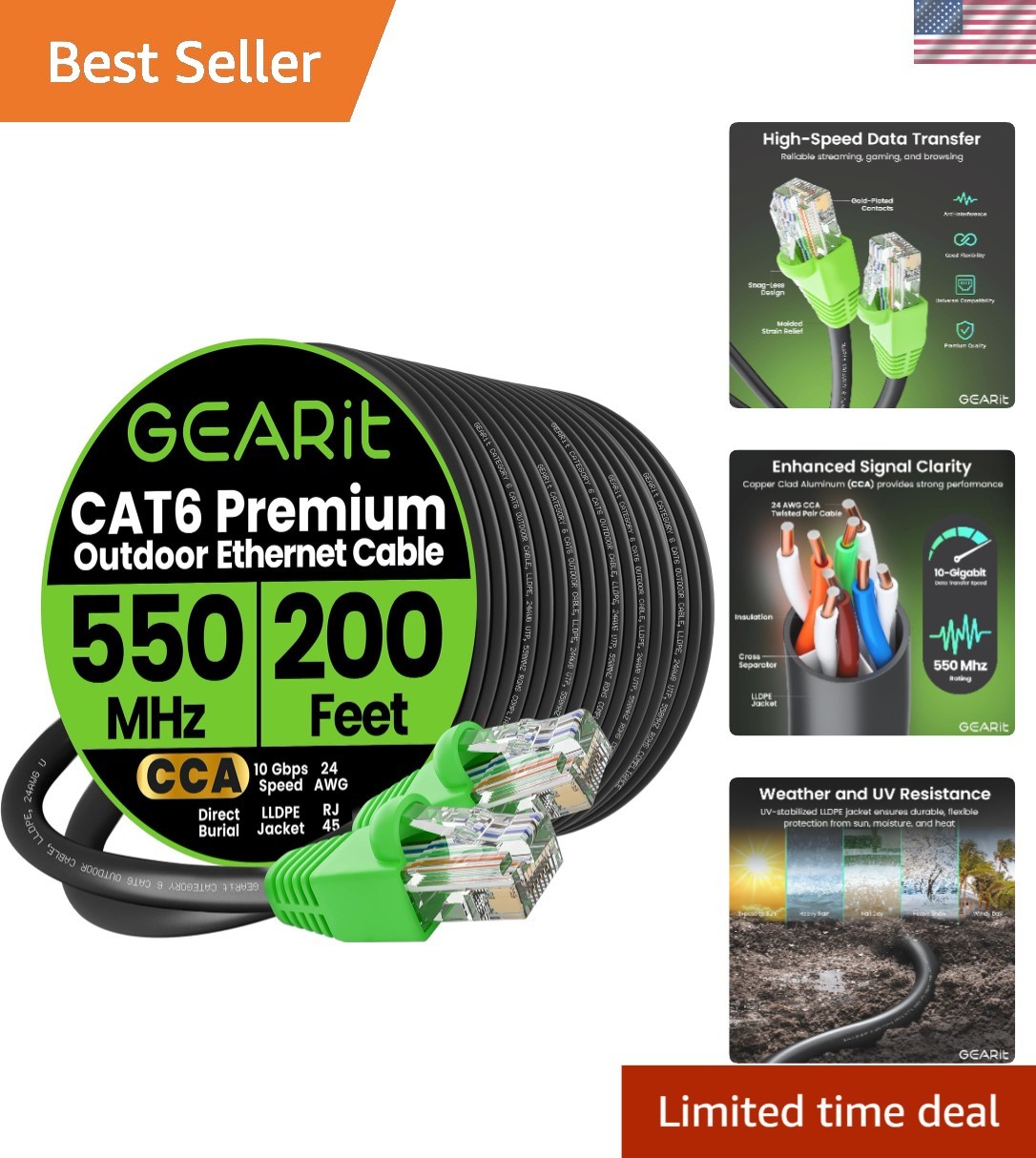 200 ft Cat-6 Outdoor Ethernet Cable - 10 Gbps, UV Resistant, Waterproof Quality