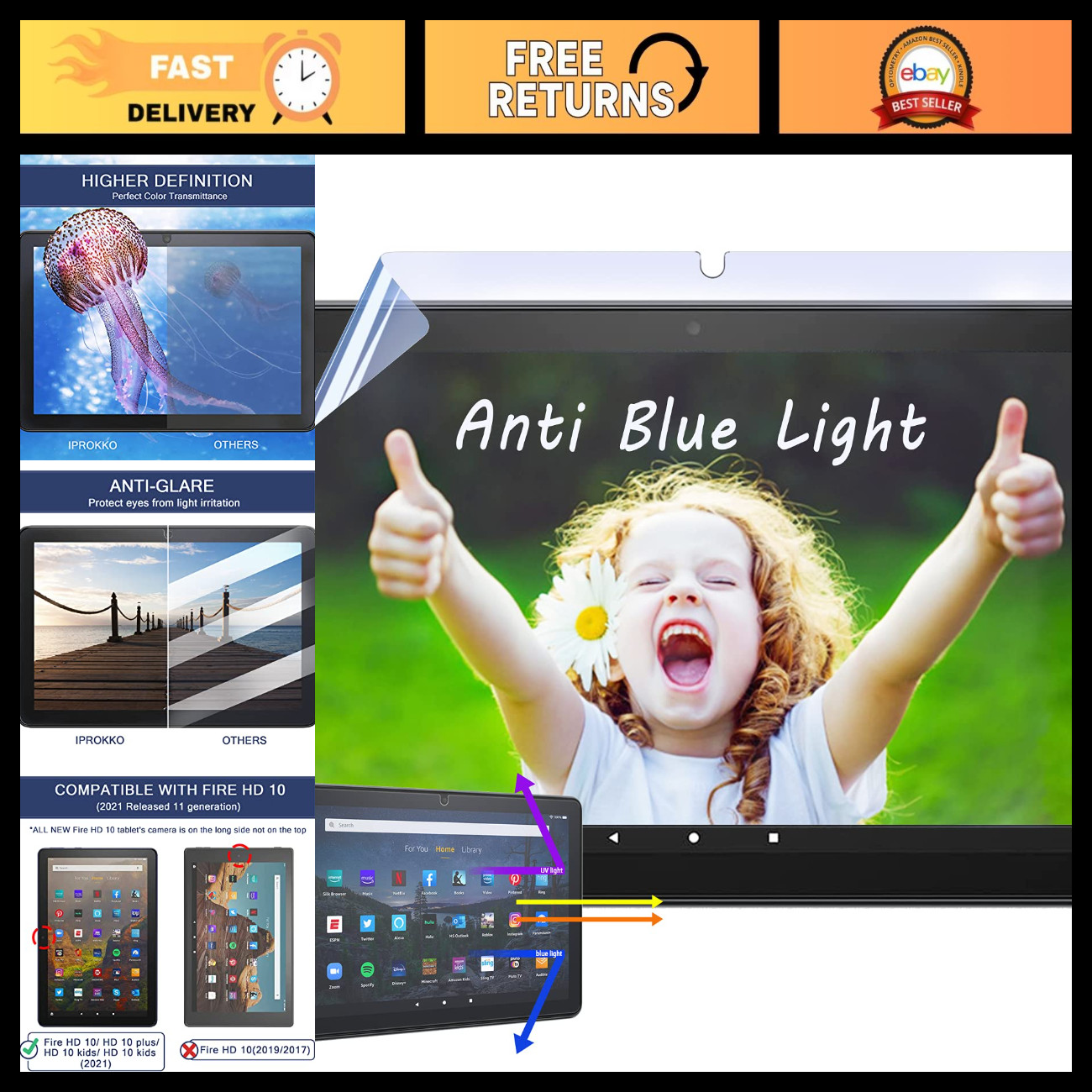 2 Pack Anti-Blue Light Screen Protector for Fire HD 10 Tablet - Anti Glare Film