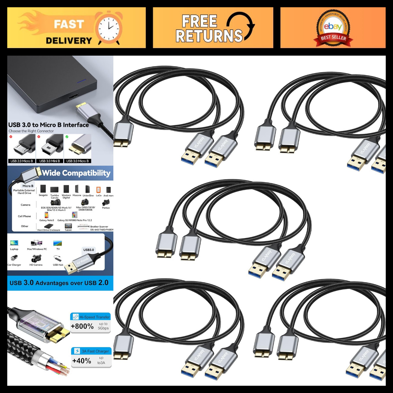 1.5ft USB 3.0 Micro B Cable 10-Pack, 5 Gbps Data Sync for External Hard Drives &