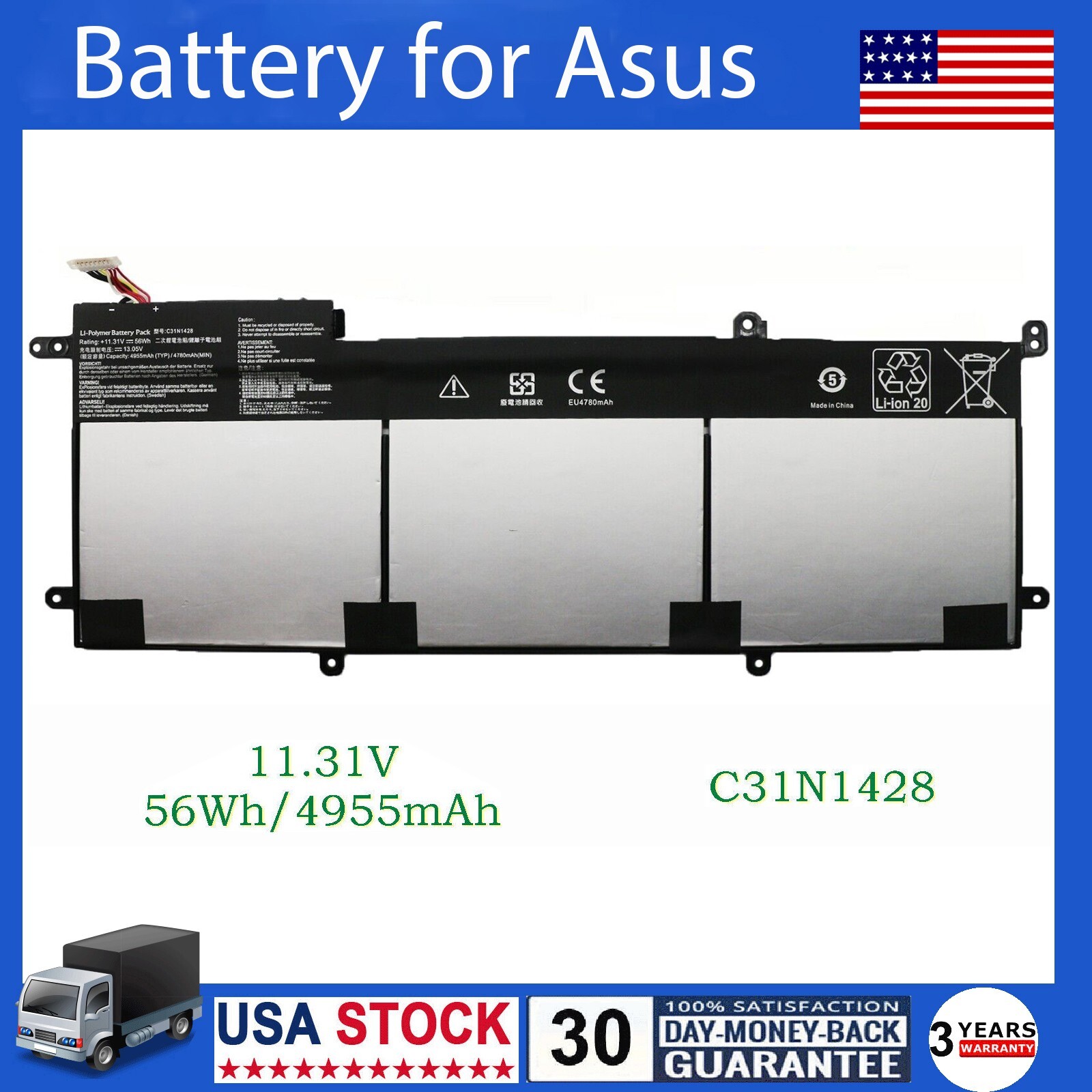 C31N1428 Battery 56Wh For Asus Zenbook UX305 UX305LA UX305UA 0B200-01450100 US