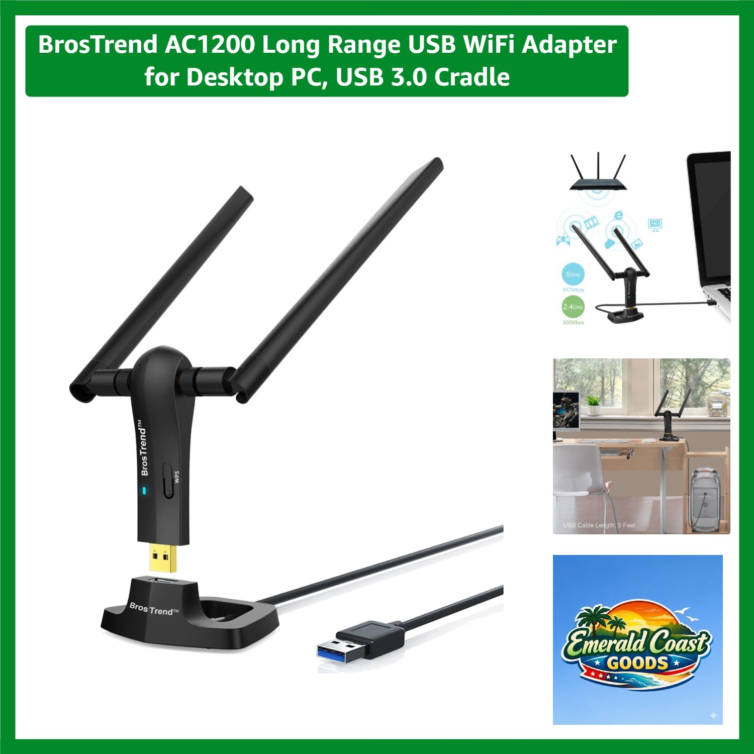 High-Speed AC1200 WiFi Adapter for PCs - Includes USB 3.0 Cradle and Antennas